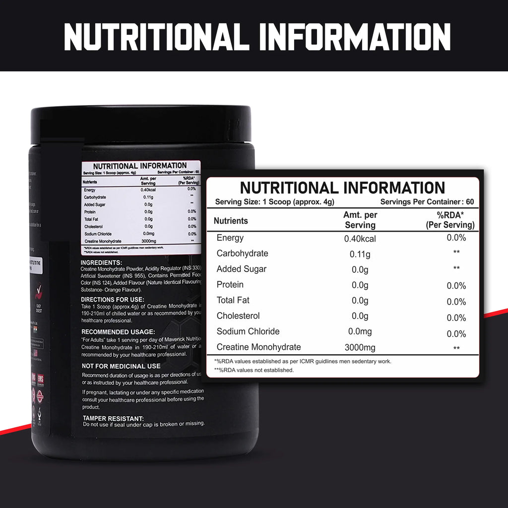 Maverick Micronised Creatine Monohydrate (60 Servings, 240g) | Orange Blast
