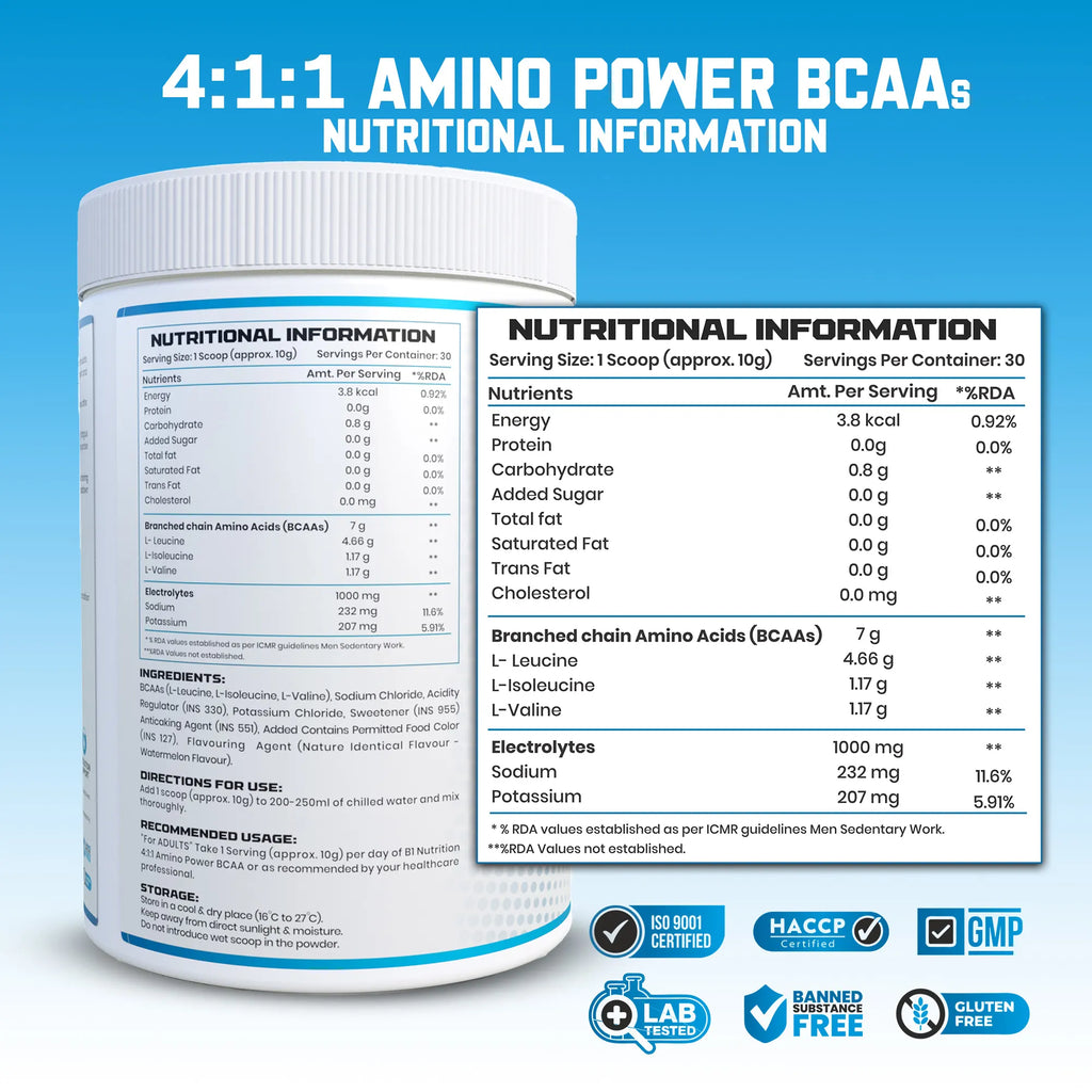 B1 Nutrition Amino Power BCAA 4:1:1 (30 Servings, 300g) | Intra-Workout Energy Drink