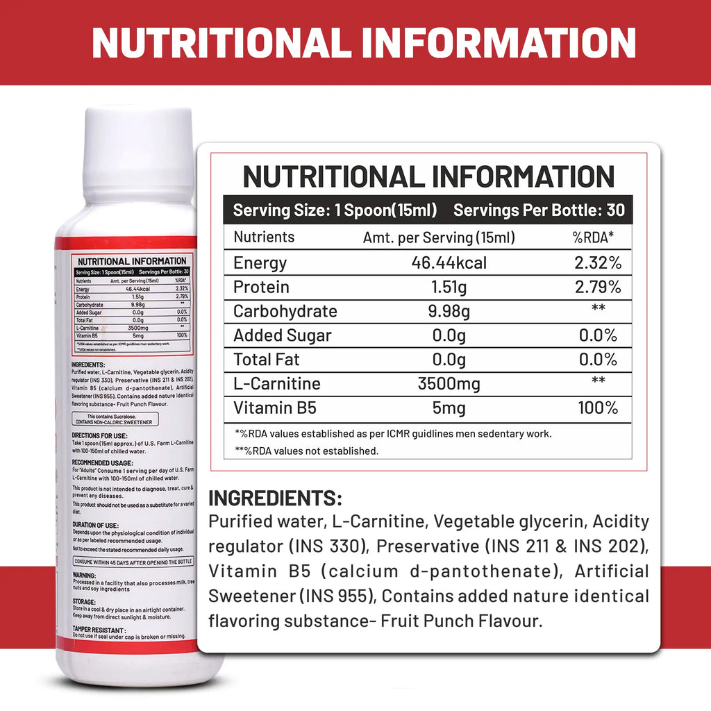 U.S. Farm L-Carnitine 3500mg (30 Servings, 450ml) | Fruit Punch / Orange