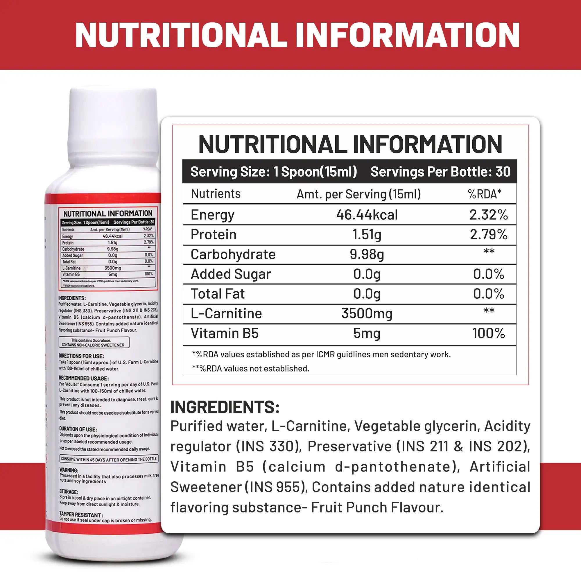 U.S. Farm L-Carnitine 3500mg (30 Servings, 450ml) | Fruit Punch / Orange
