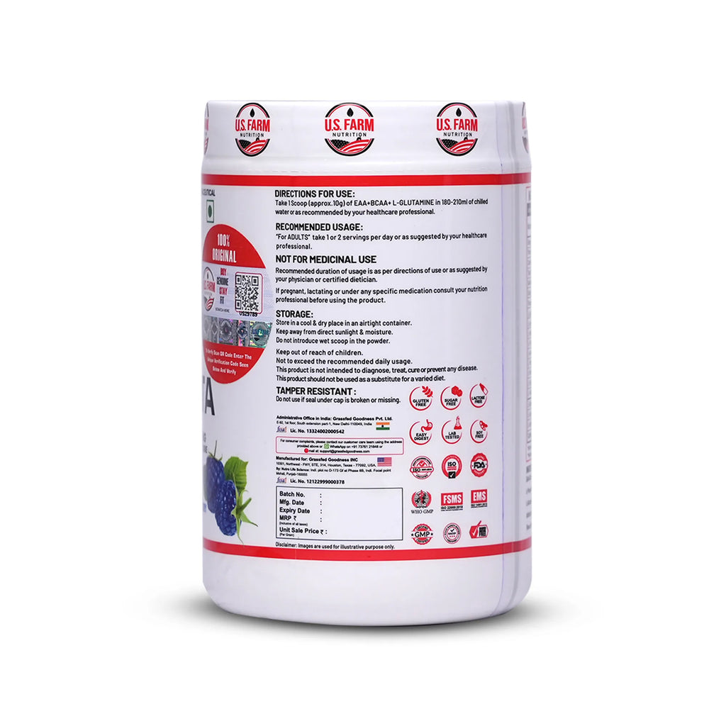 U.S Farm BCAA + EAA + Gluta (25 Servings, 250g) | Blue Raspberry,Watermelon