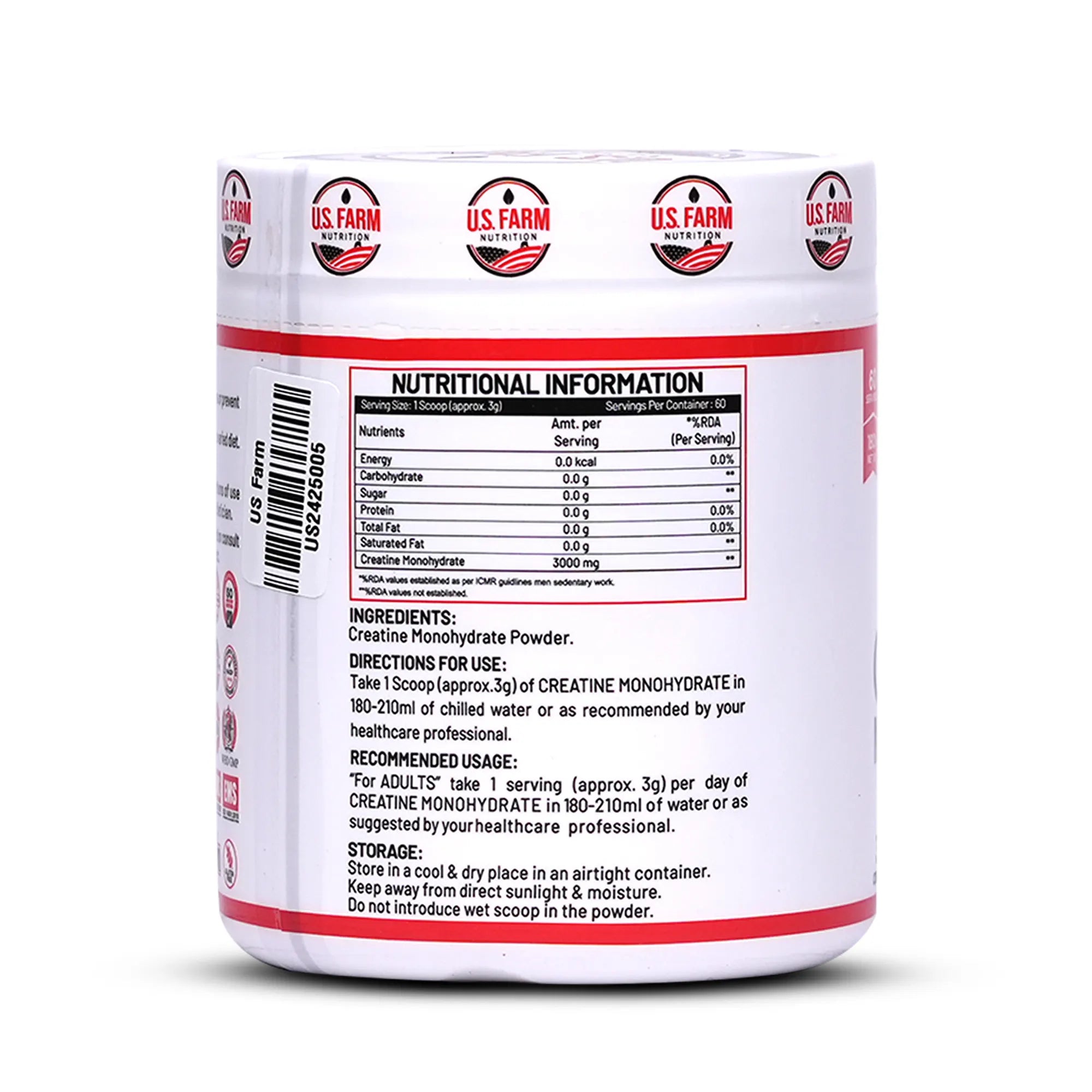 U.S. Farm Micronised Creatine Monohydrate (60 Servings, 180g) | Unflavoured