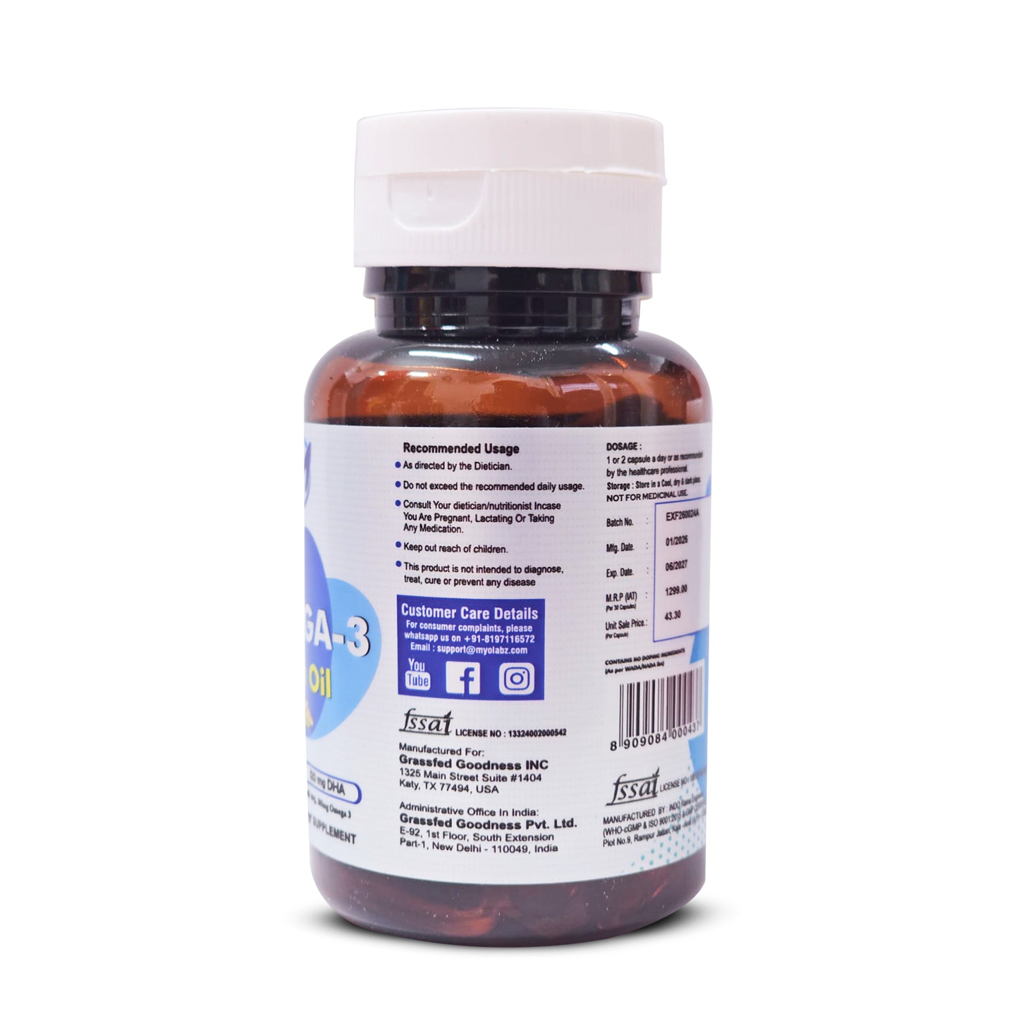 Myolabz Omega-3 Fish Oil 1000mg Softgel Capsules with EPA & DHA – 30 Capsules