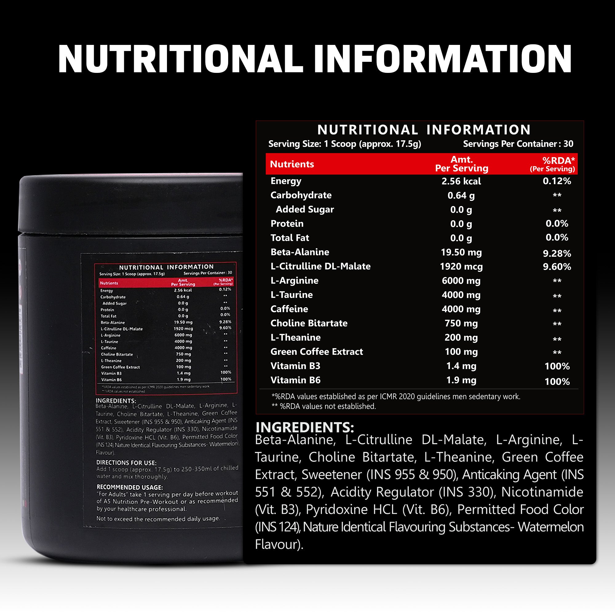 A5 Nutrition Warrior's Elixir Pre-Workout (525 g, 30 Servings) | Watermelon & Blue Raspberry Flavours