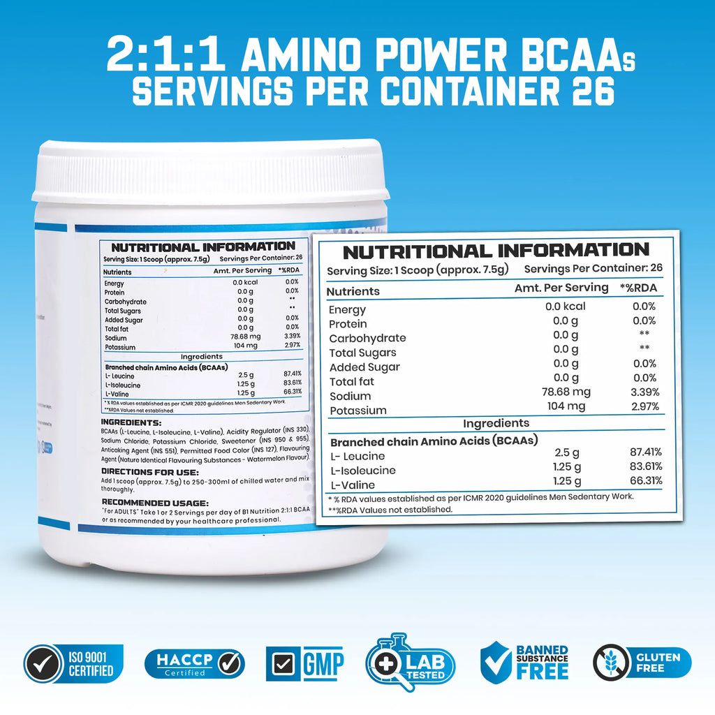 B1 Nutrition BCAA 2:1:1 Intra-Workout Drink (Watermelon Flavour, 200 g)