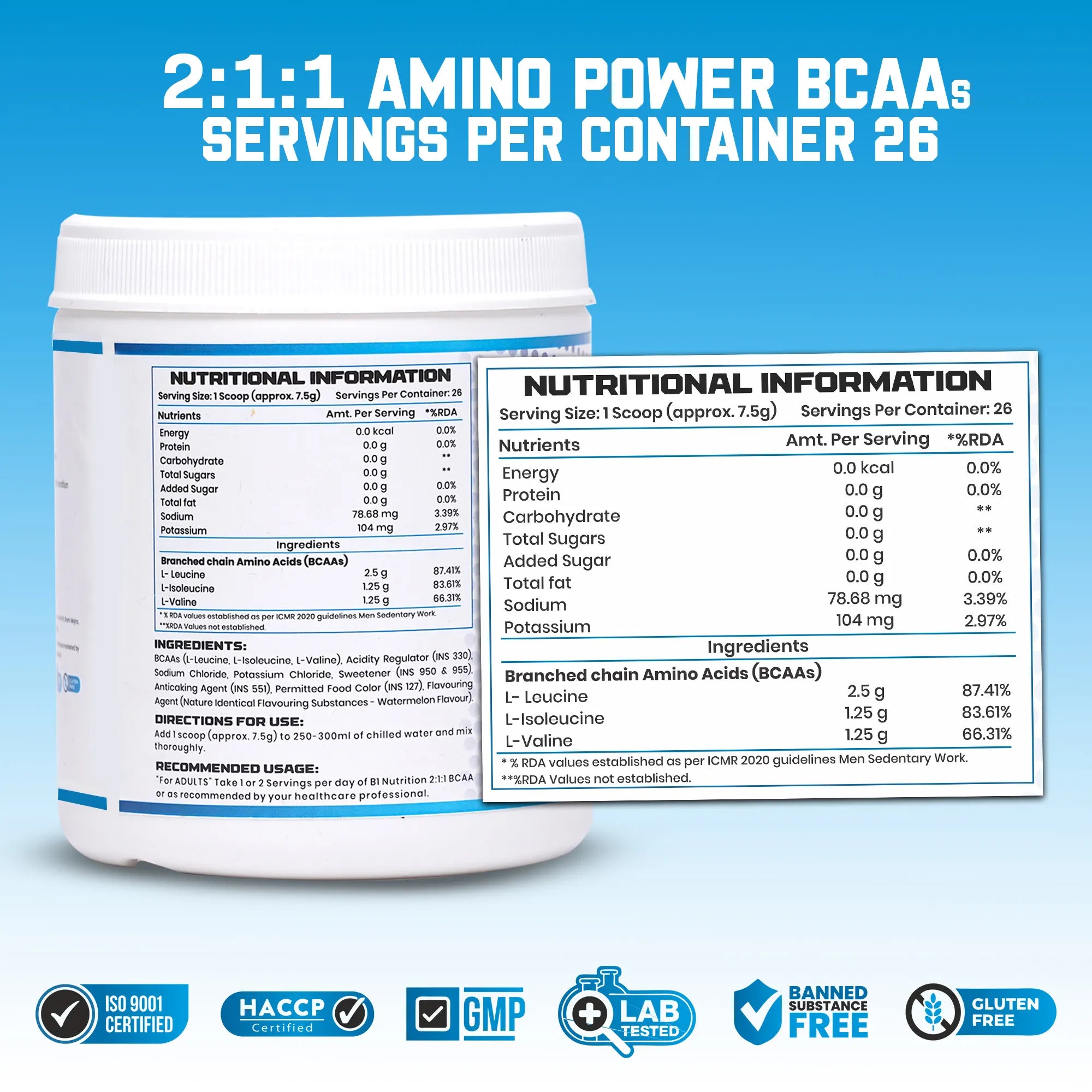 B1 Nutrition BCAA 2:1:1 Intra-Workout Drink (Watermelon Flavour, 200 g)