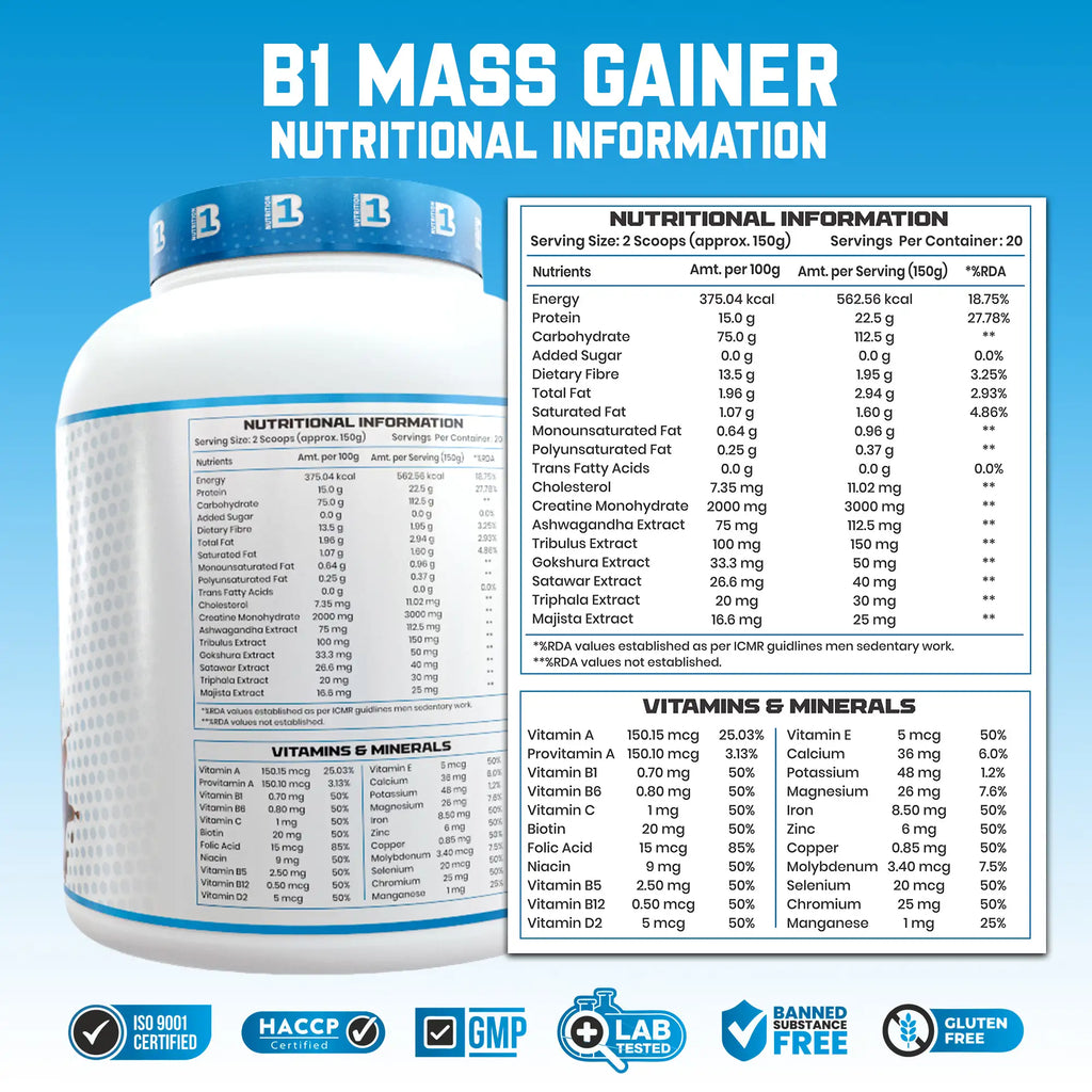 B1 Nutrition Mass Gainer Powder (3 kg, 20 Servings) | Chocolate & Mango Flavours