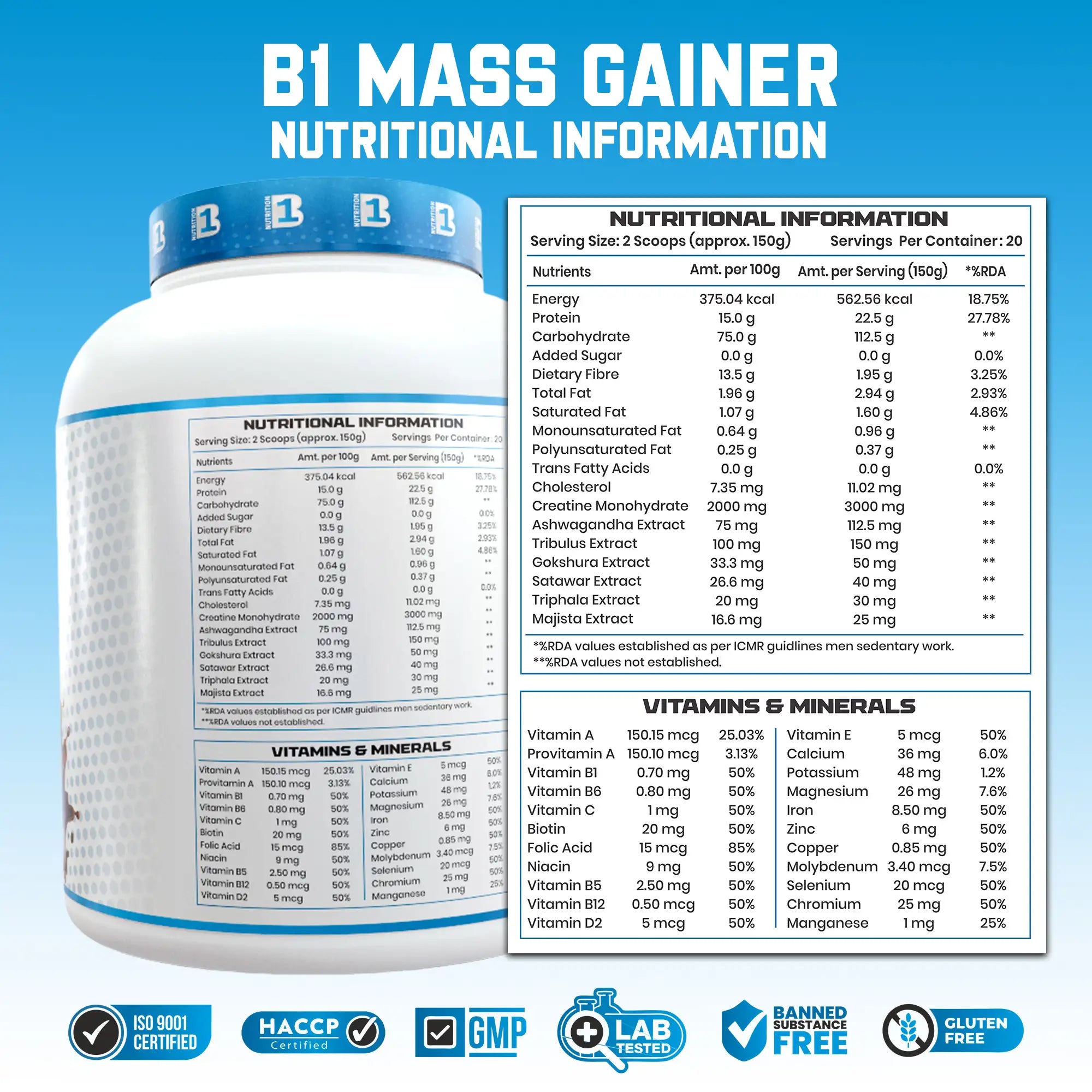 B1 Nutrition Mass Gainer Powder (3 kg, 20 Servings) | Chocolate & Mango Flavours