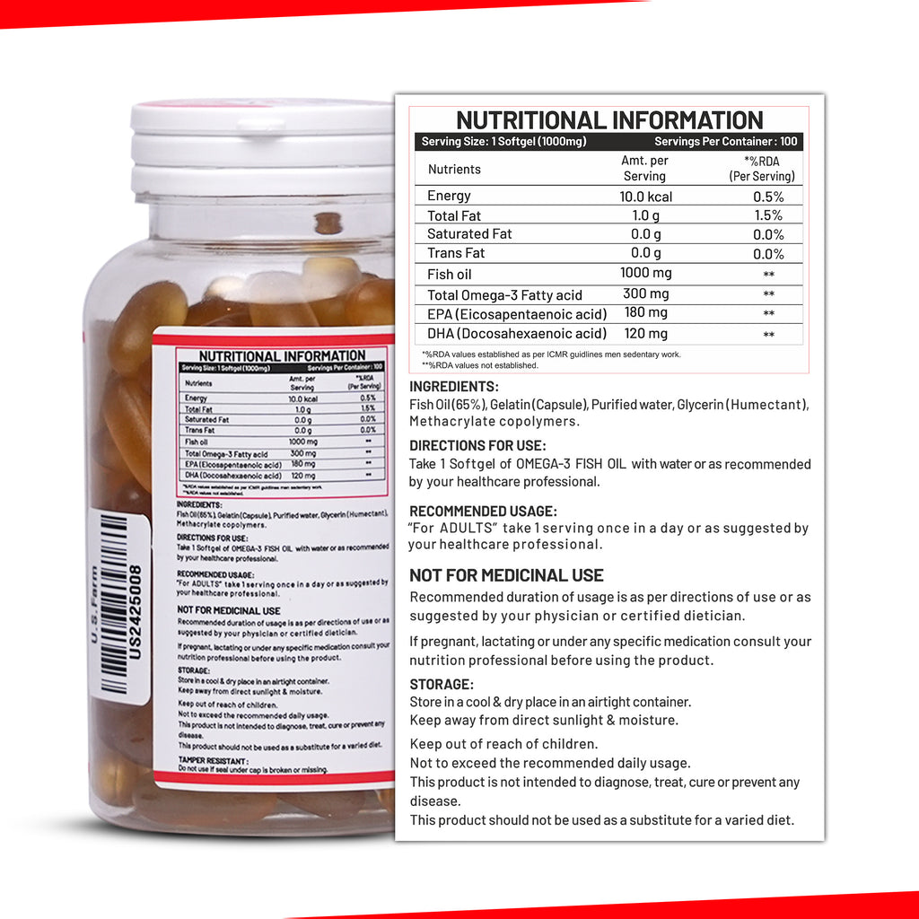 U.S. Farm Salmon Omega-3 Fish Oil (100 Softgels, 1000mg) | EPA 180mg & DHA 120mg