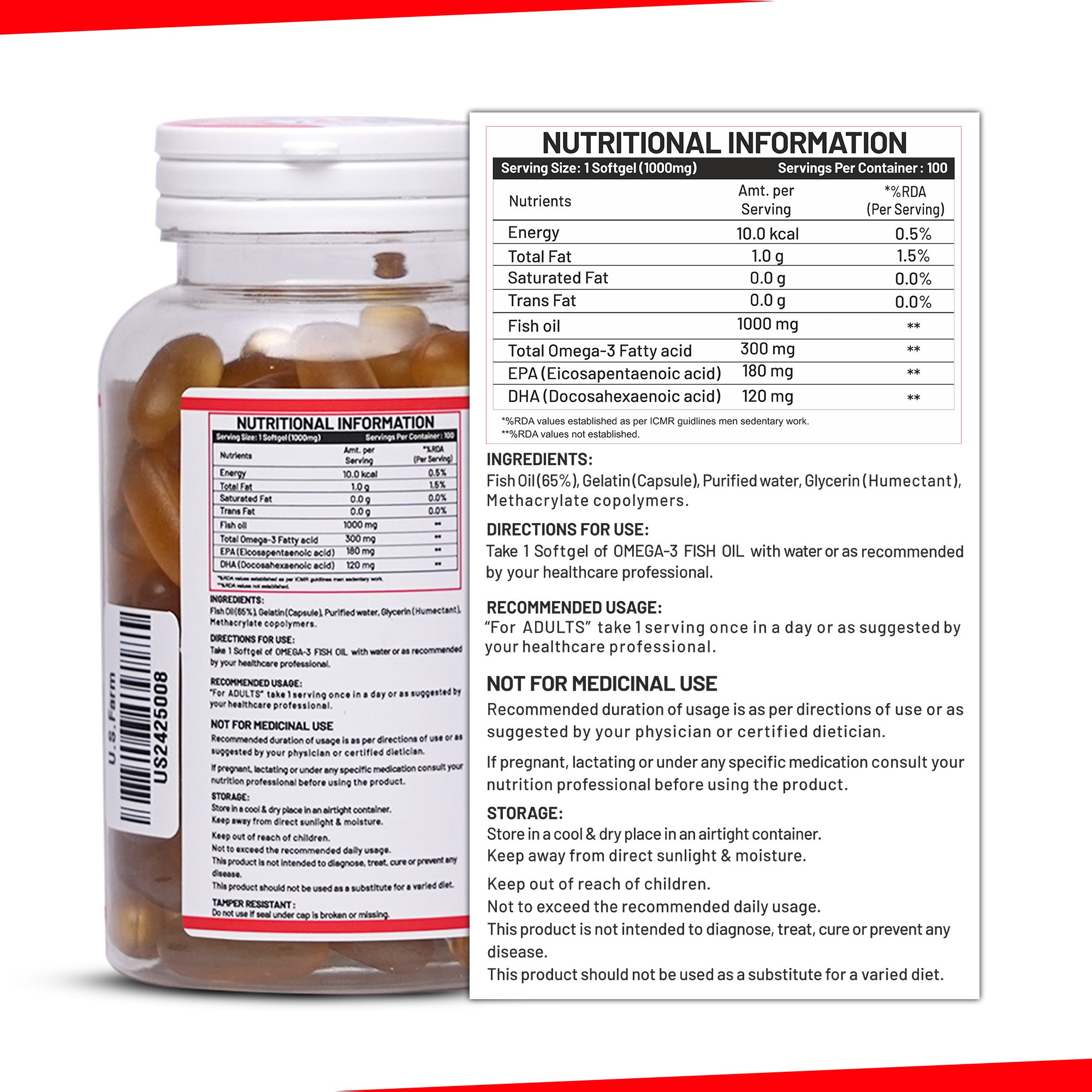 U.S. Farm Salmon Omega-3 Fish Oil (100 Softgels, 1000mg) | EPA 180mg & DHA 120mg