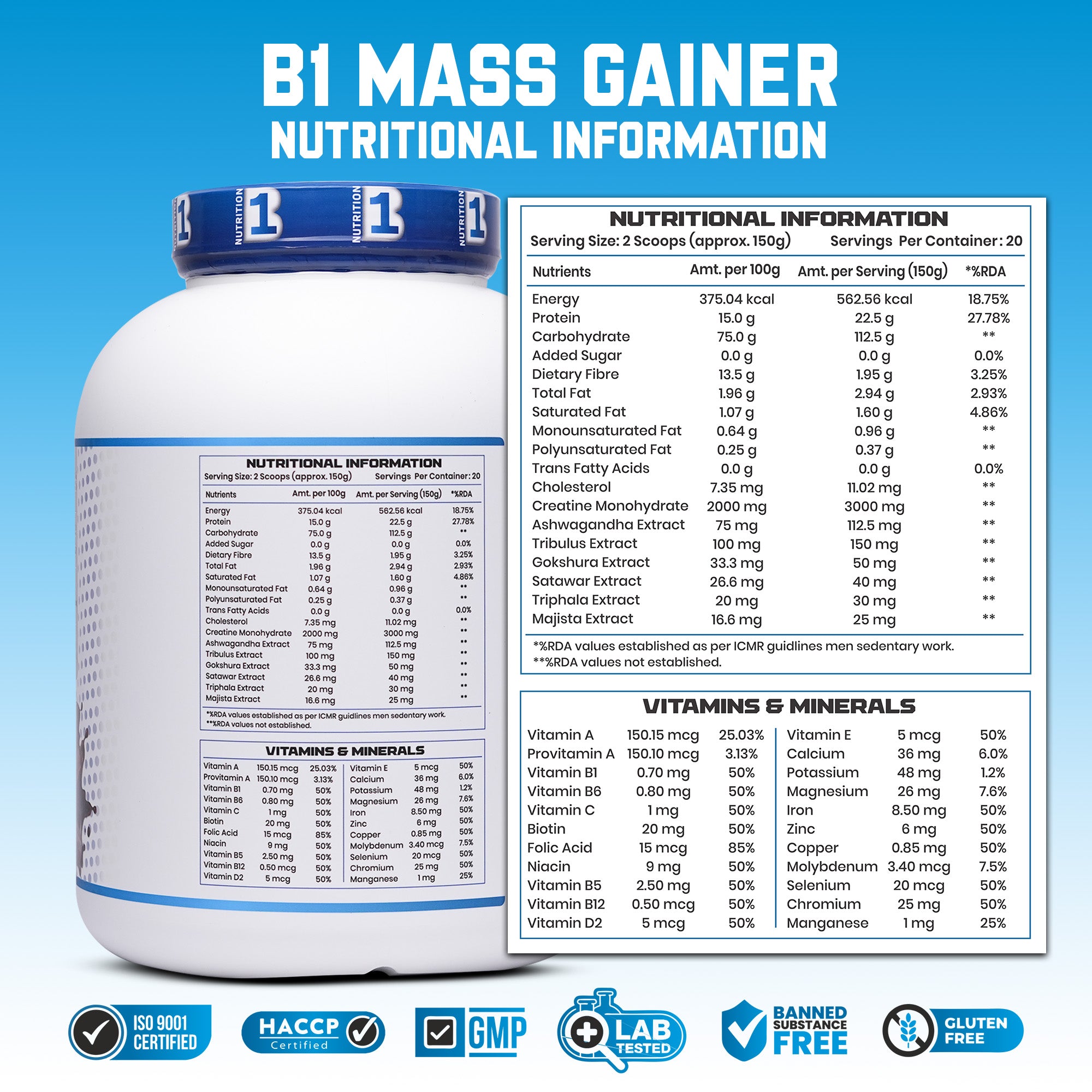 B1 Nutrition Mass Gainer Powder (3 kg, 20 Servings) | Chocolate & Mango Flavours