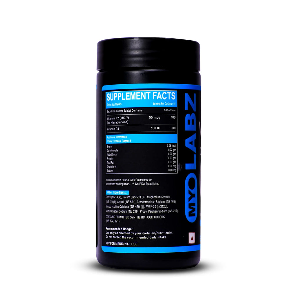 Myolabz Vitamin D3 + K2 (MK-7) Tablets (60 Tablets) | Bone Health & Immunity Support