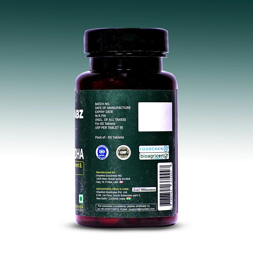 Myolabz Organic Ashwagandha Tablets (60 Tablets) | Supports Stress Management & Muscle Recovery