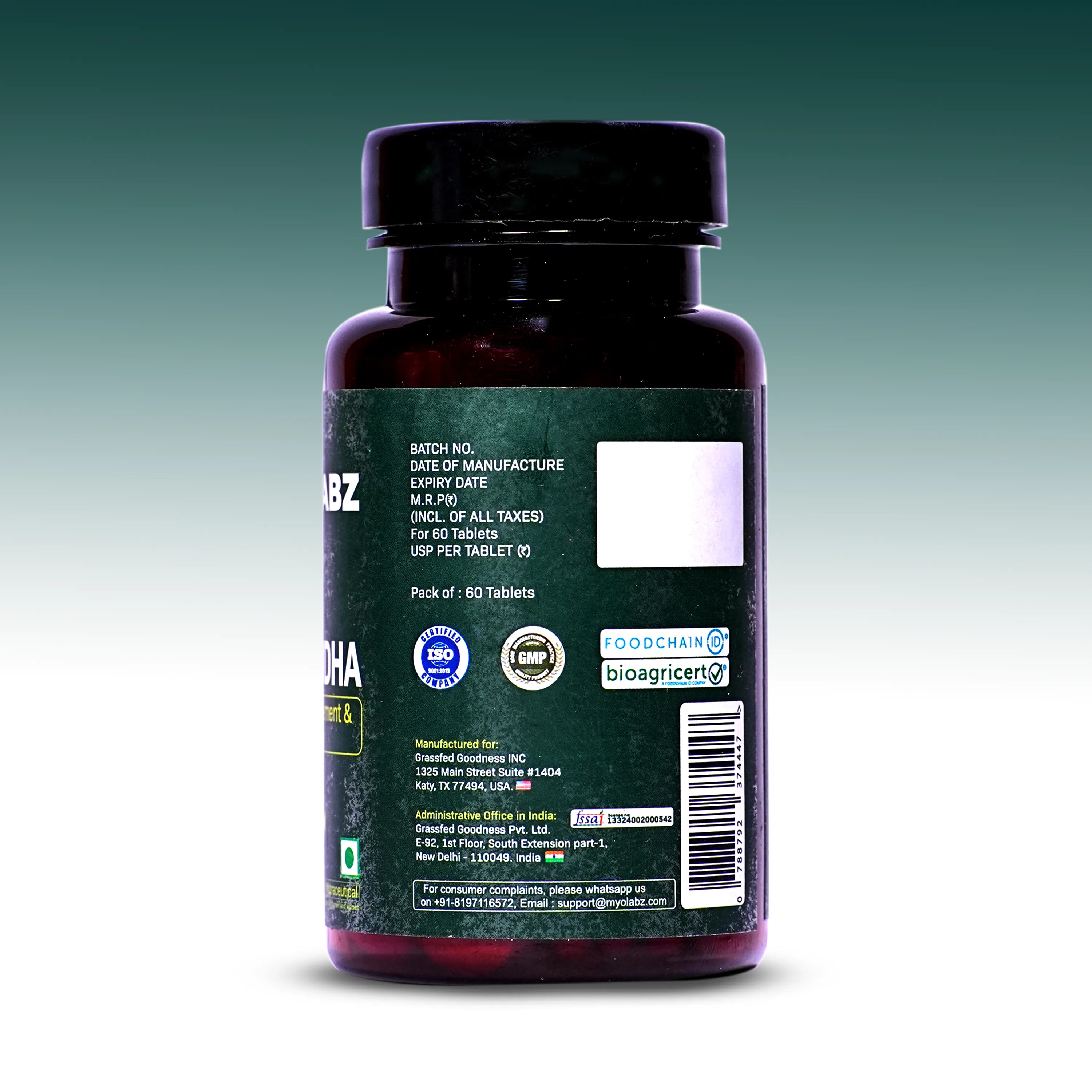 Myolabz Organic Ashwagandha Tablets (60 Tablets) | Supports Stress Management & Muscle Recovery