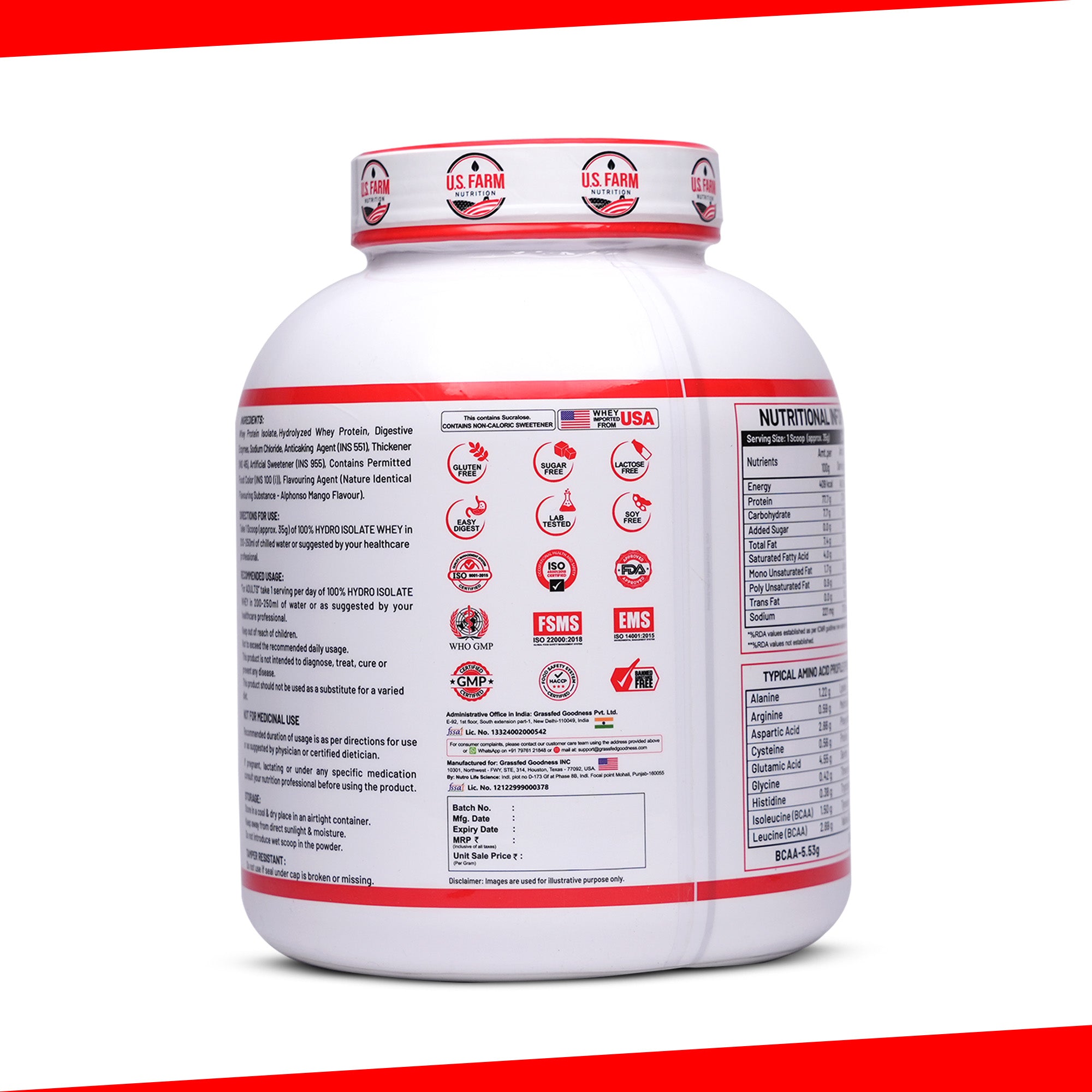 U.S. Farm 100% Hydro Isolate Whey Protein (51 Servings, 4 lbs) | Alphonso Mango