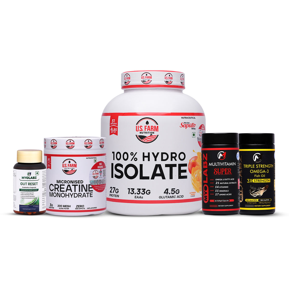 24 Product US Farm Hydro Iso Premium Protein Stack – 100% Hydro Isolate, Micronised Creatine, MyoLabz Super Multivitamin, Triple Strength Omega-3 & Gut Reset Combo