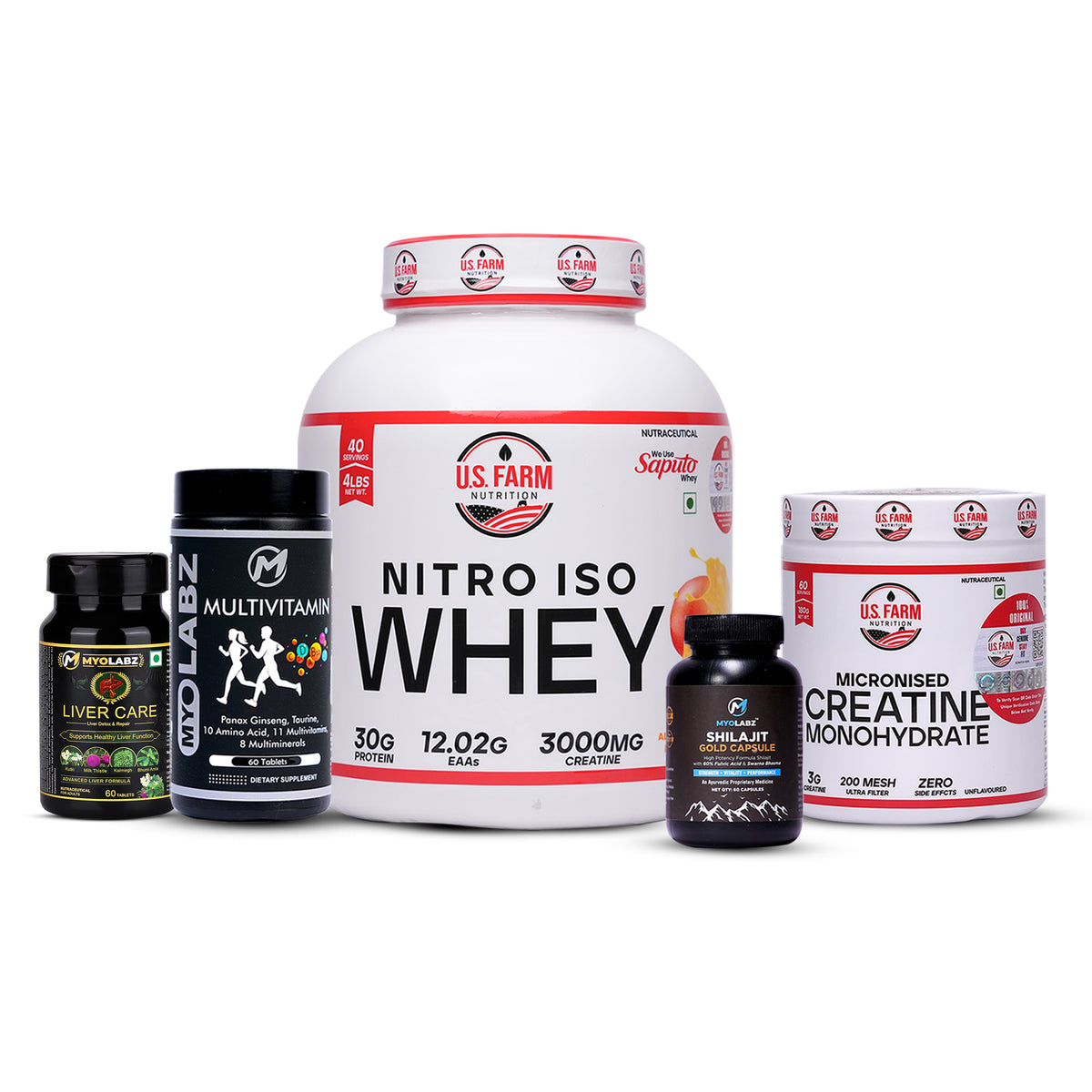 24 Product US Farm Nitro Iso Mega Clearance – Nitro Iso Whey, Creatine, MyoLabz Multivitamin, Shilajit & Liver Care Combo
