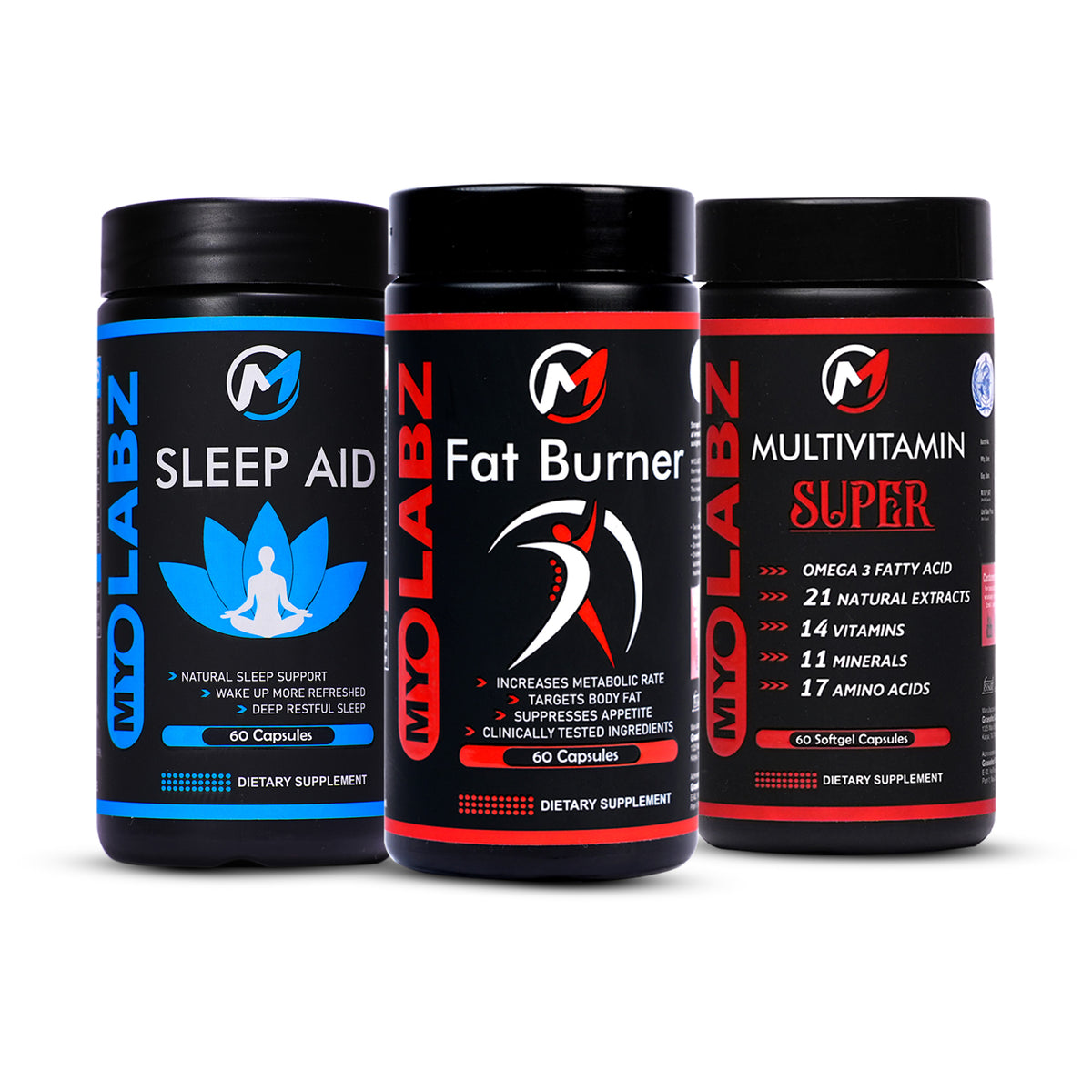 3-PRODUCT Wellness Stack — MyoLabz Fat Burner 60 Capsules × 1 • MyoLabz Sleep Aid 60 Capsules × 1 • MyoLabz Super Multivitamin 60 Softgel Capsules × 1