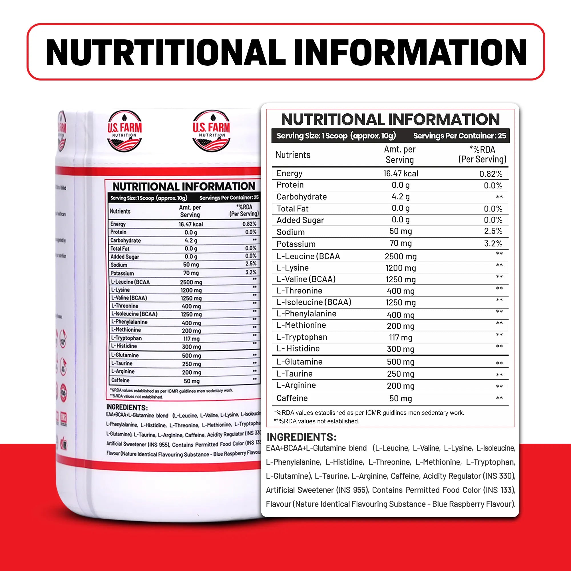 U.S Farm BCAA + EAA + Gluta (25 Servings, 250g) | Blue Raspberry,Watermelon