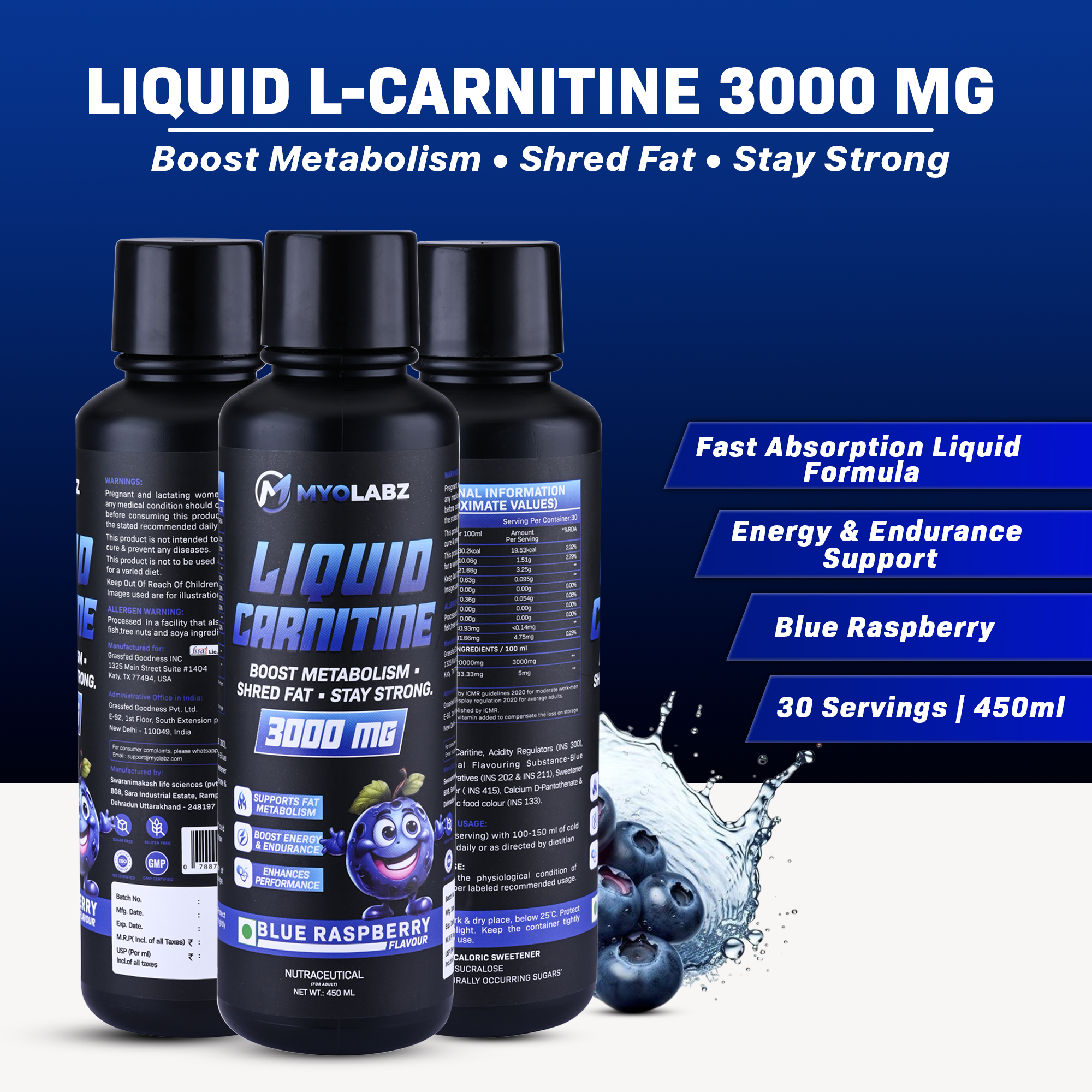 Myolabz Liquid L-Carnitine 3000 mg Fat Burner (450 ml) | Blue Raspberry & Orange Flavours