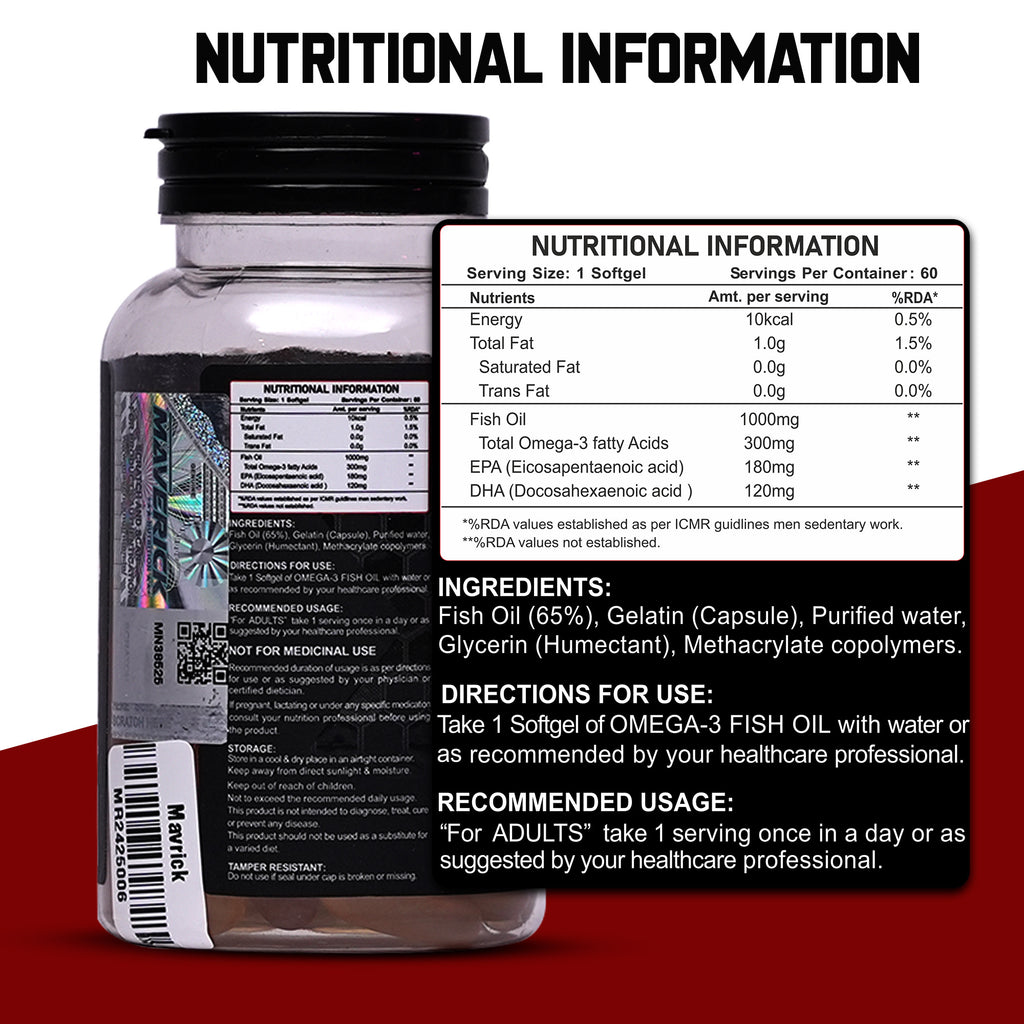 Maverick Nutrition Omega-3 Fish Oil (60 Softgels) | 1000 mg Fish Oil | 180 mg EPA + 120 mg DHA | Enteric Coated
