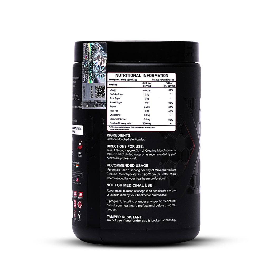 Maverick Nutrition Micronised Creatine Monohydrate (300g | 100 Servings) | Unflavoured | 3000 mg Creatine per Serving