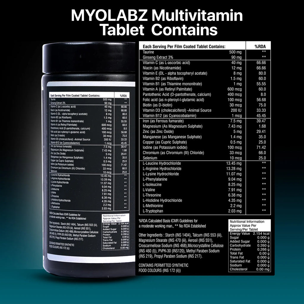 Myolabz Multivitamin Tablets (60 Tablets) | Vitamins, Minerals, Amino Acids with Ginseng