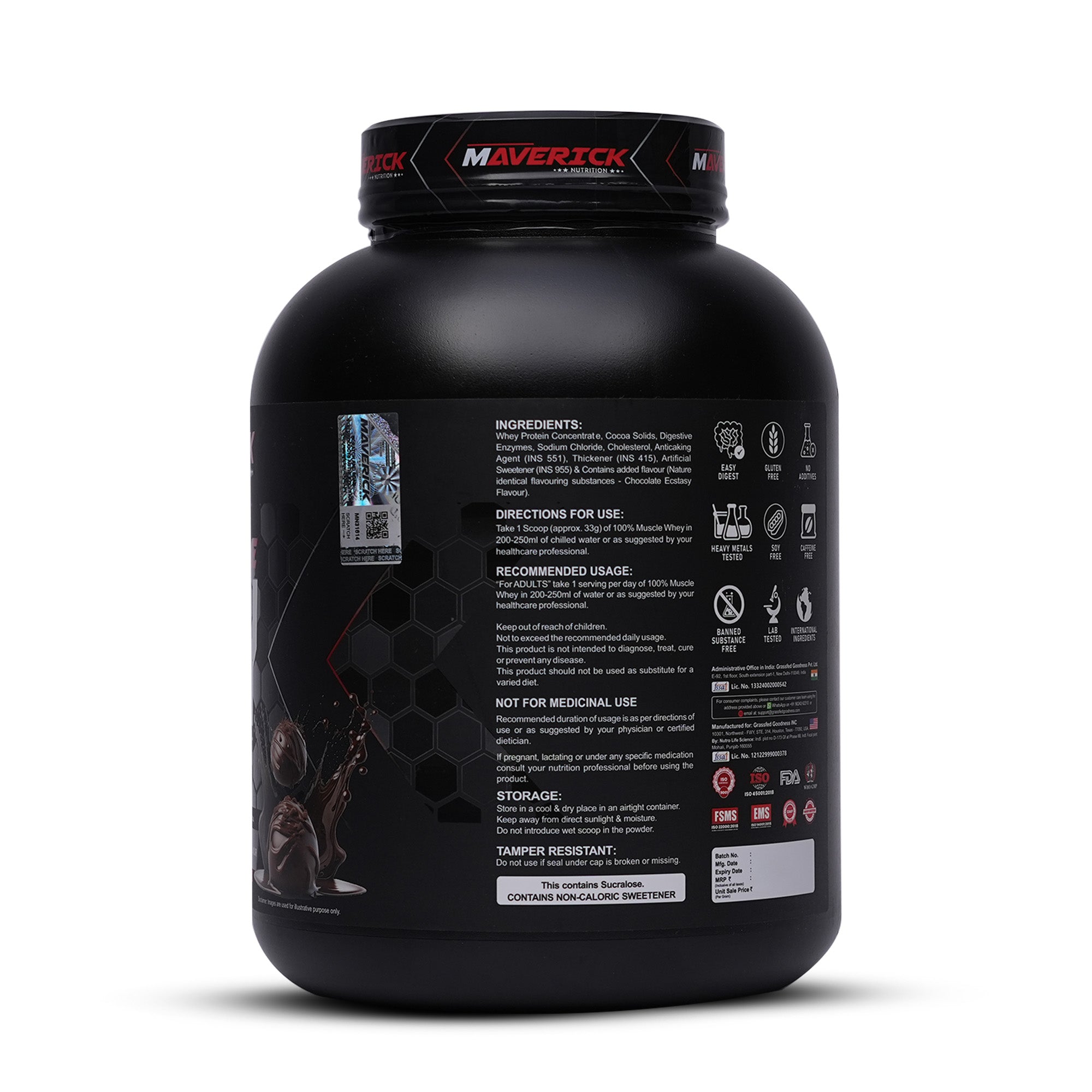 Maverick Nutrition 100% Muscle Whey Protein (60 Servings, 2kg) | Chocolate Ecstasy Flavour