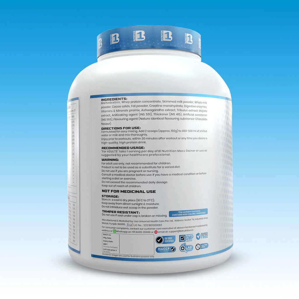 B1 Nutrition Mass Gainer Powder (3 kg, 20 Servings) | Chocolate & Mango Flavours