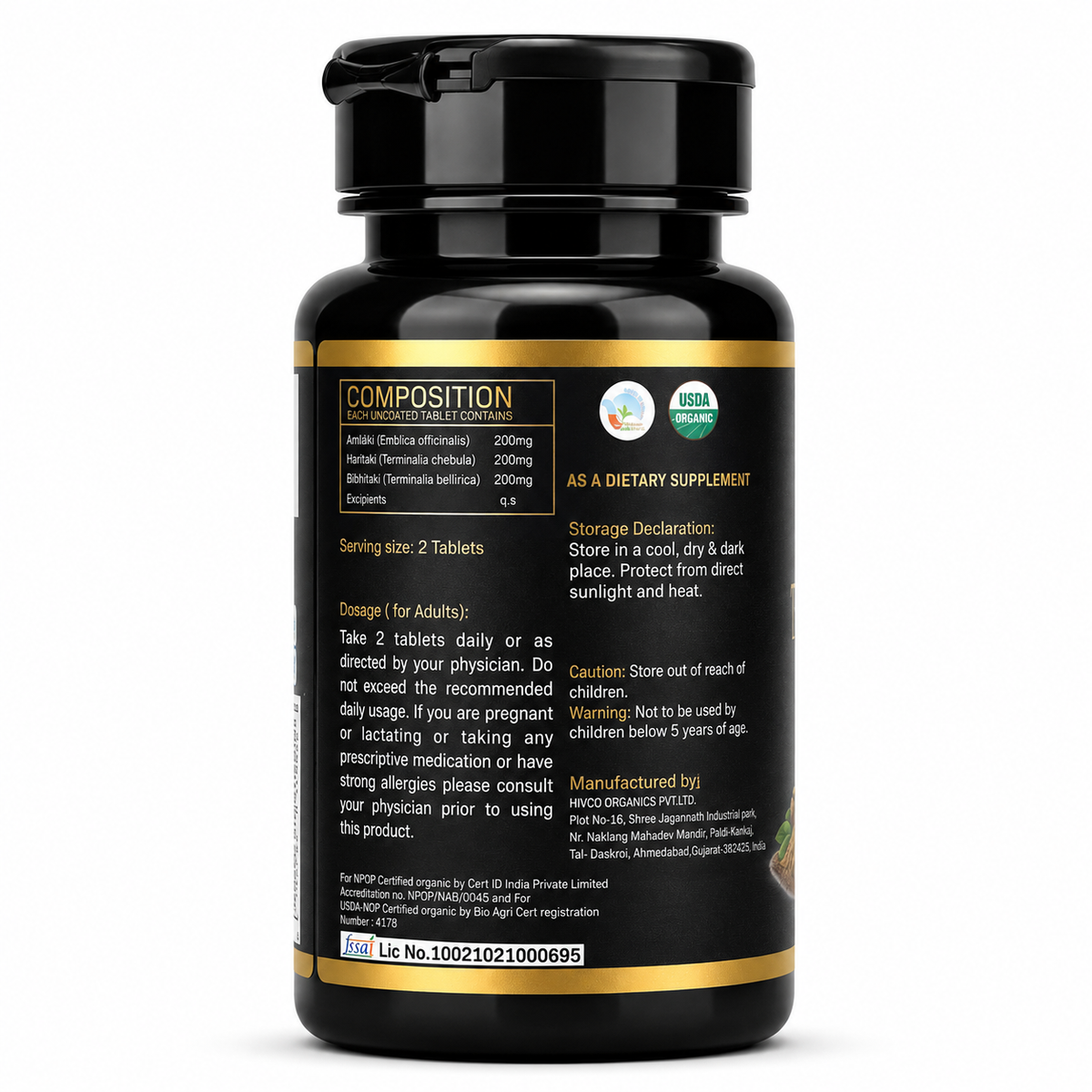MYOLABZ Organic Triphala Supplement Tablets – 1200 mg Per Serving – USDA Certified Organic – Amalaki, Haritaki & Bibhitaki Herbal Blend for Digestive Wellness & Daily Well-Being – 60 Tablets