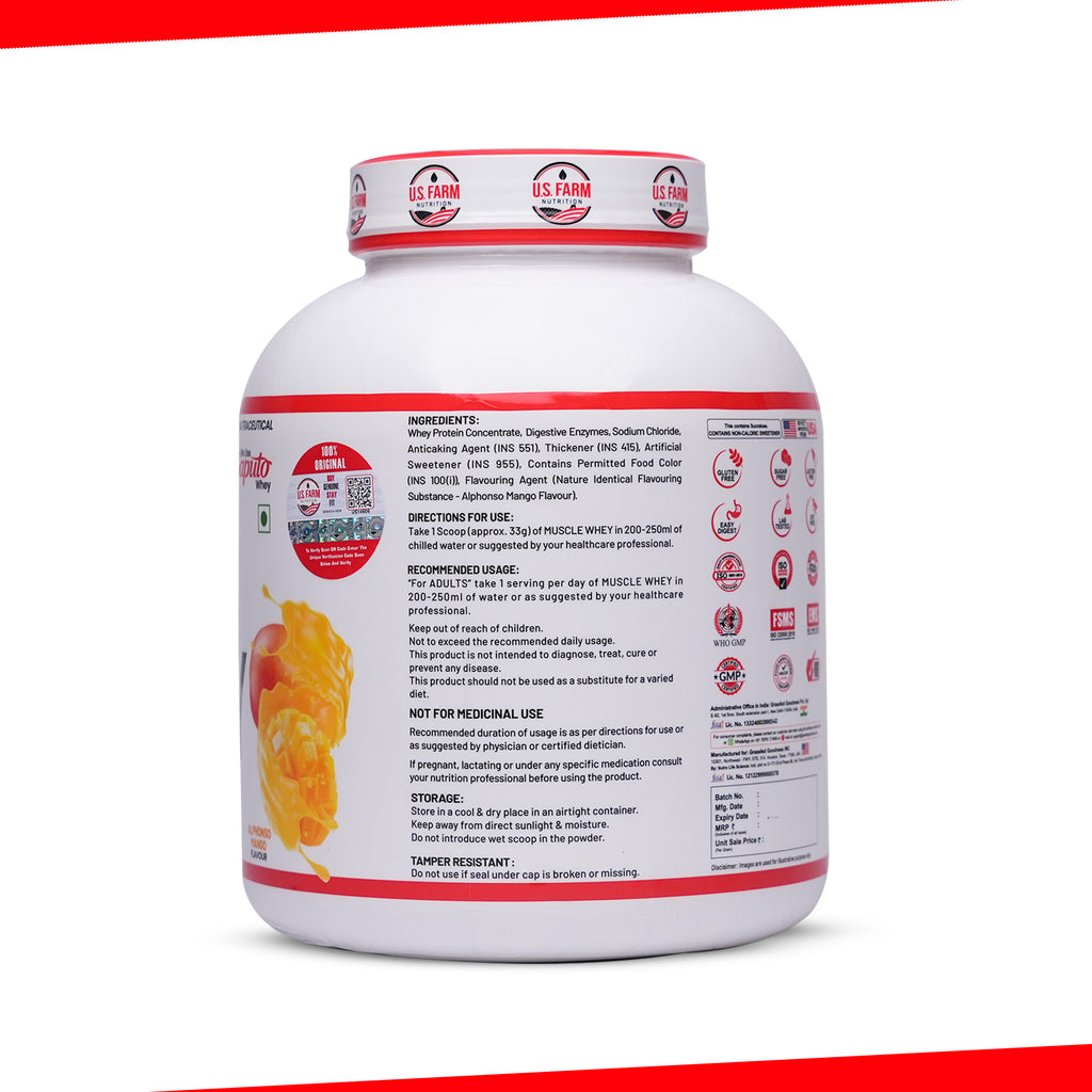 U.S. Farm Muscle Whey Protein (54 Servings, 4 lbs) | Alphonso Mango
