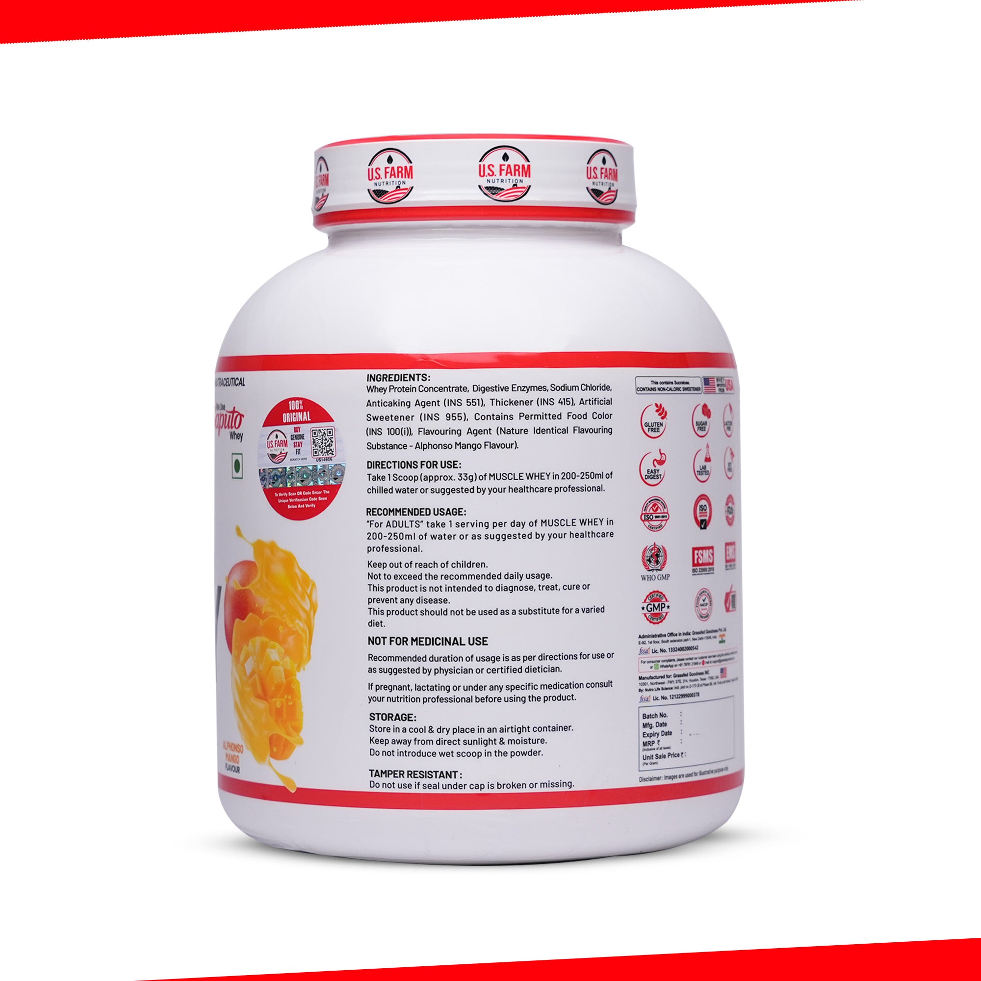 U.S. Farm Muscle Whey Protein (54 Servings, 4 lbs) | Alphonso Mango