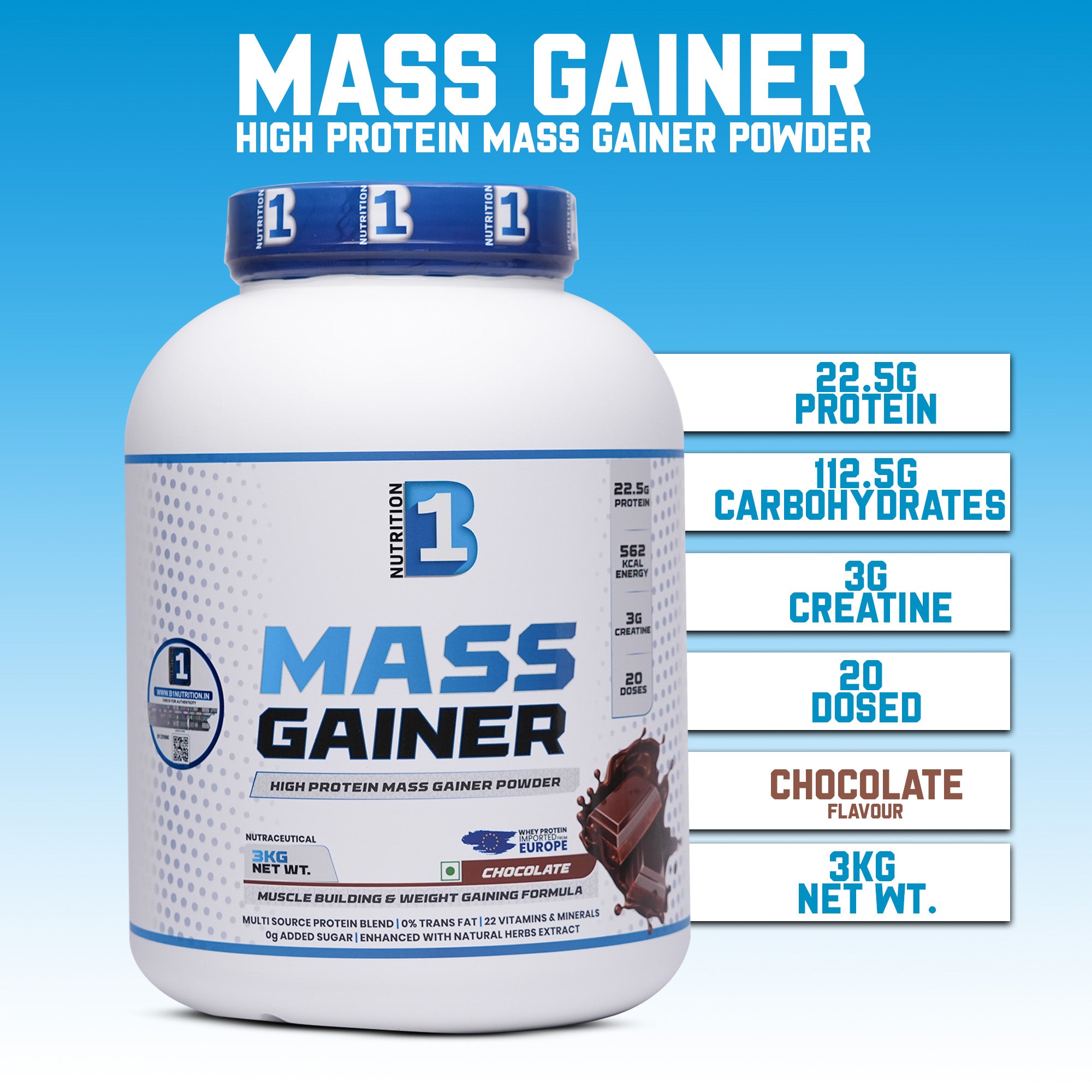 B1 Nutrition Mass Gainer Powder (3 kg, 20 Servings) | Chocolate & Mango Flavours
