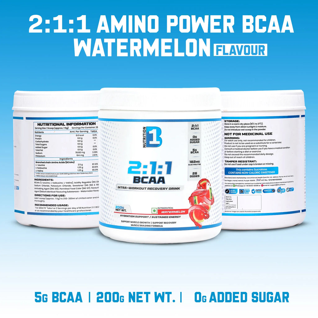 B1 Nutrition BCAA 2:1:1 Intra-Workout Drink (Watermelon Flavour, 200 g)