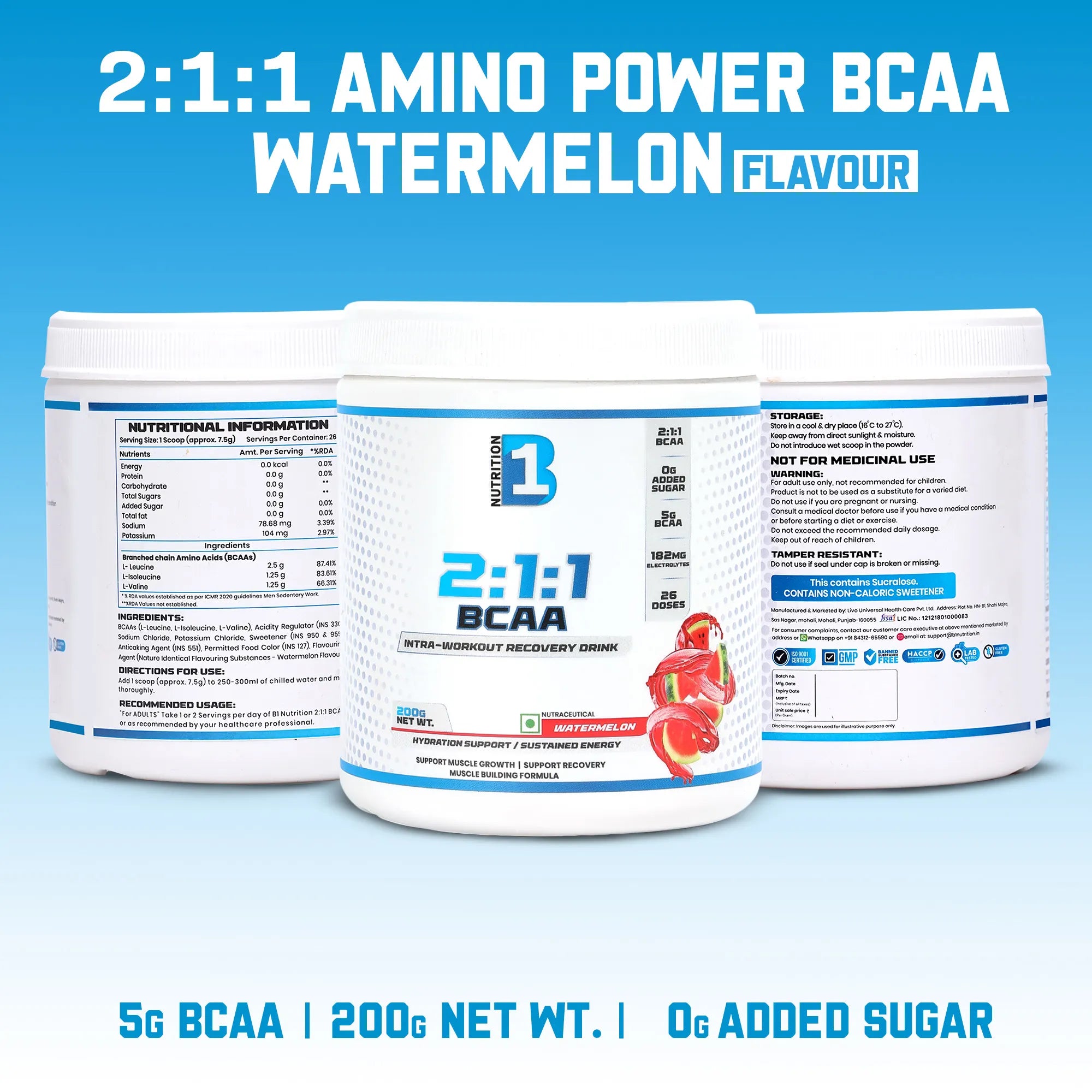 B1 Nutrition BCAA 2:1:1 Intra-Workout Drink (Watermelon Flavour, 200 g)