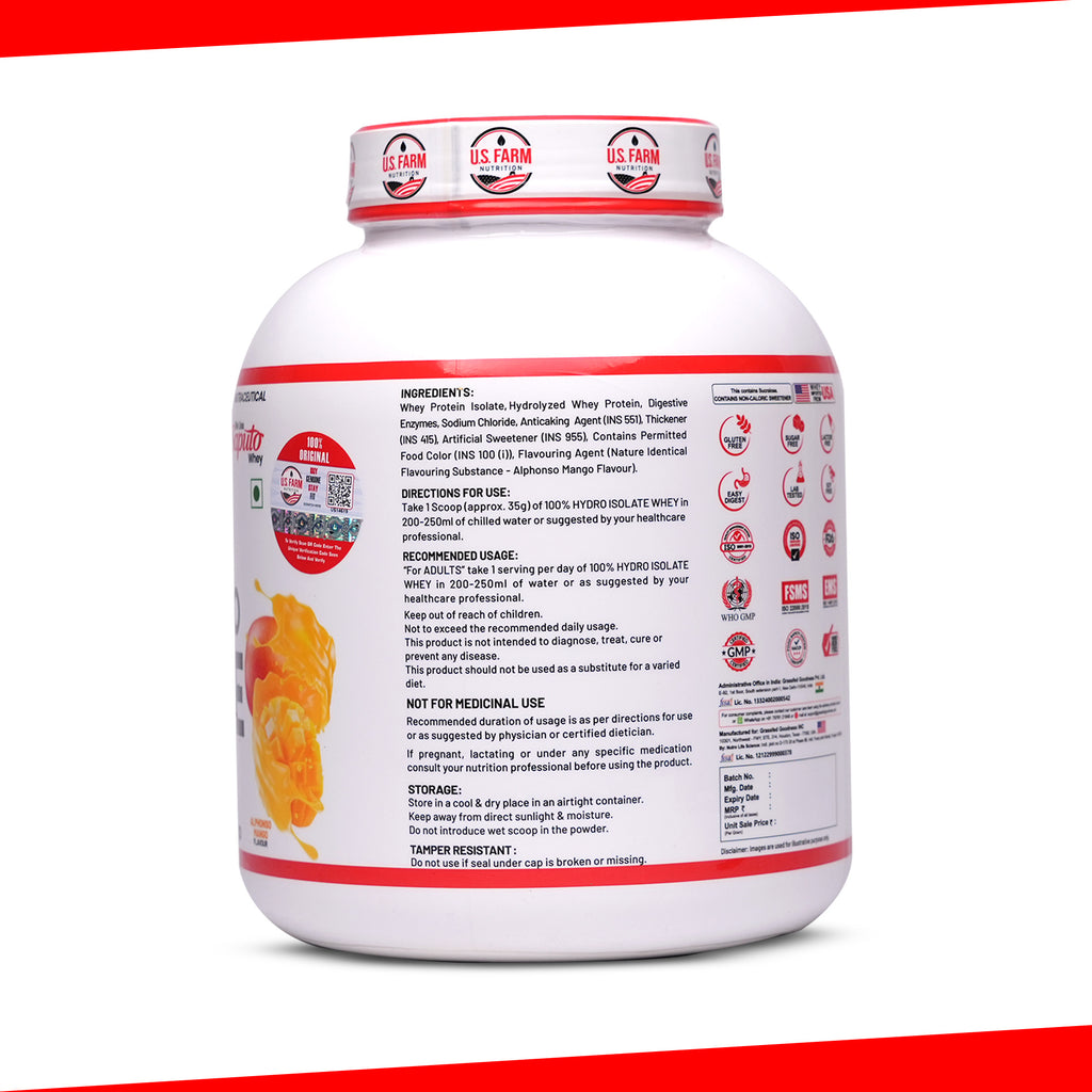 U.S. Farm 100% Hydro Isolate Whey Protein (51 Servings, 4 lbs) | Alphonso Mango