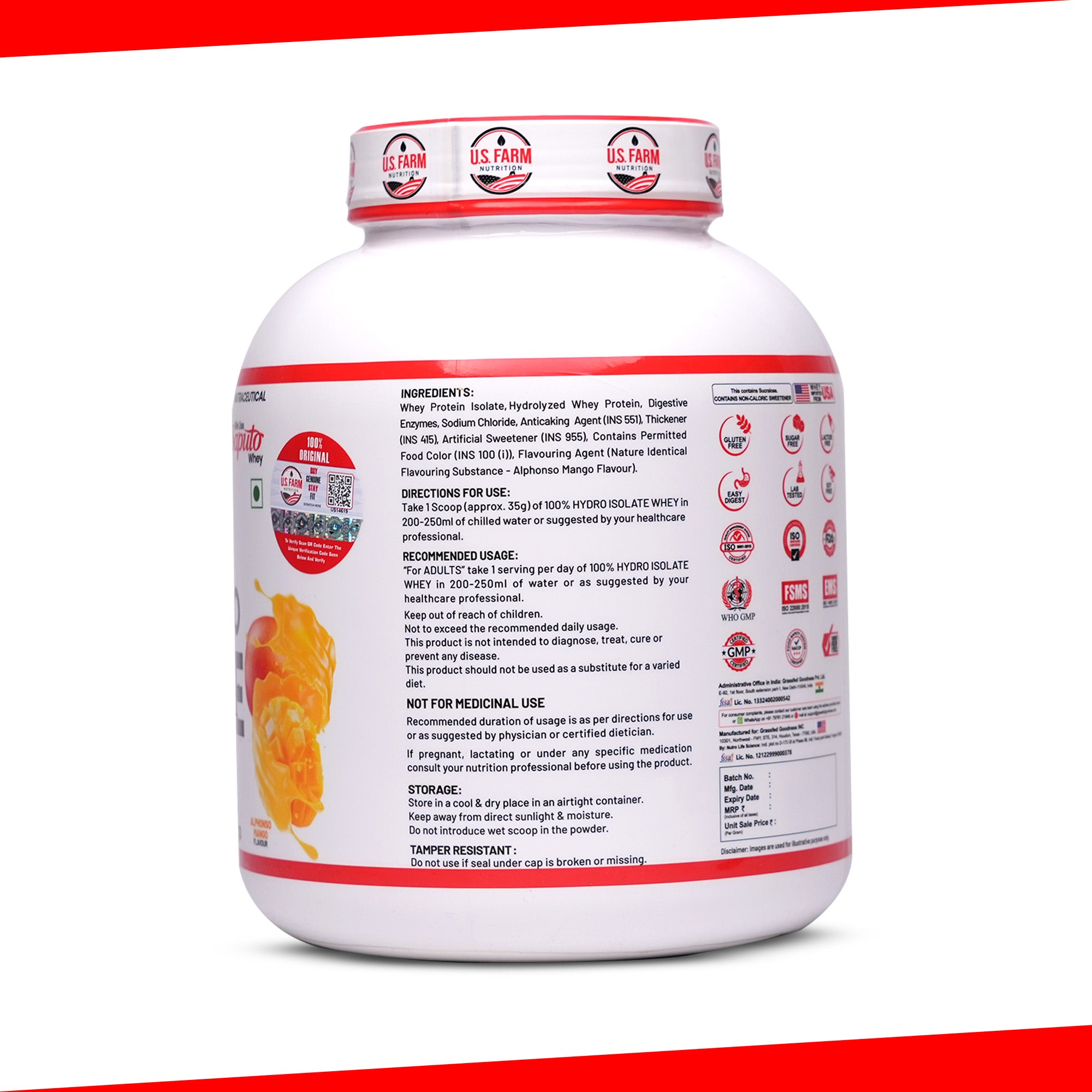 U.S. Farm 100% Hydro Isolate Whey Protein (51 Servings, 4 lbs) | Alphonso Mango