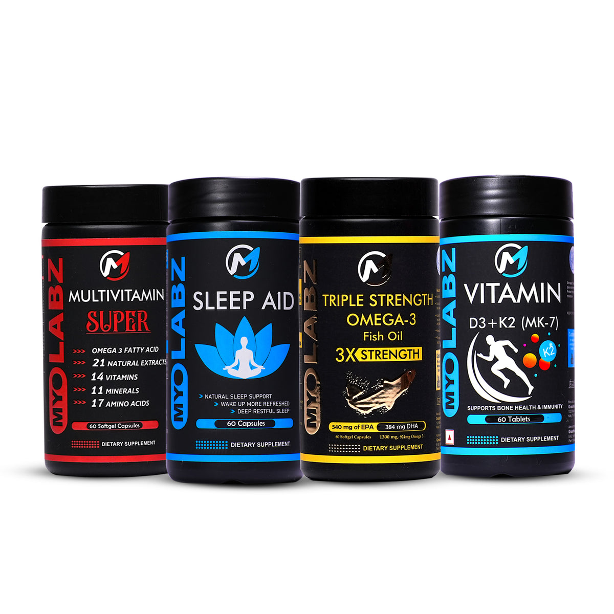 12-PRODUCT MyoLabz Premium Mega Stack — MyoLabz Triple Strength Omega-3 60 × 3 • MyoLabz Super Multivitamin 60 × 3 • MyoLabz Sleep Aid 60 × 3 • MyoLabz Vitamin D3 + K2 × 3