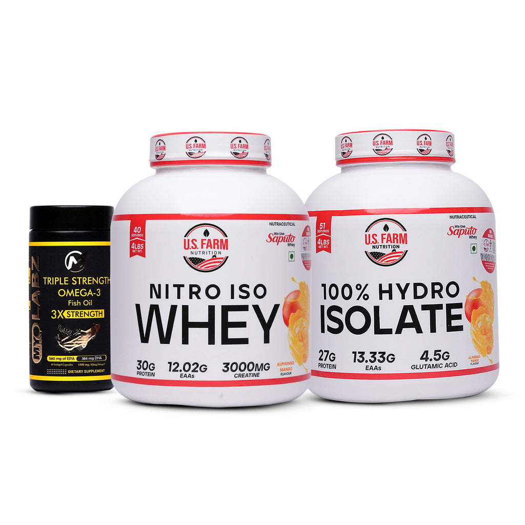 8-PRODUCT U.S. Farm Isolate Mega Stack — U.S. Farm 100% Hydro Isolate 4 LBS × 3 • U.S. Farm Nitro Iso Whey 4 LBS × 1 • MyoLabz Triple Strength Fish Oil 60 × 4