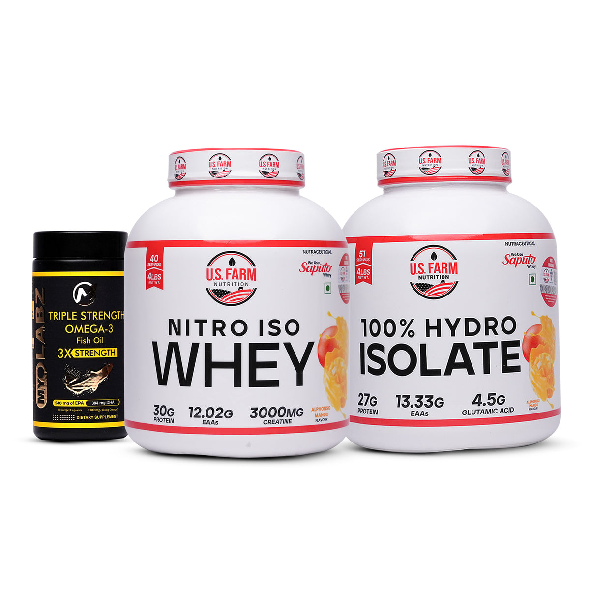 8-PRODUCT U.S. Farm Isolate Mega Stack — U.S. Farm 100% Hydro Isolate 4 LBS × 3 • U.S. Farm Nitro Iso Whey 4 LBS × 1 • MyoLabz Triple Strength Fish Oil 60 × 4