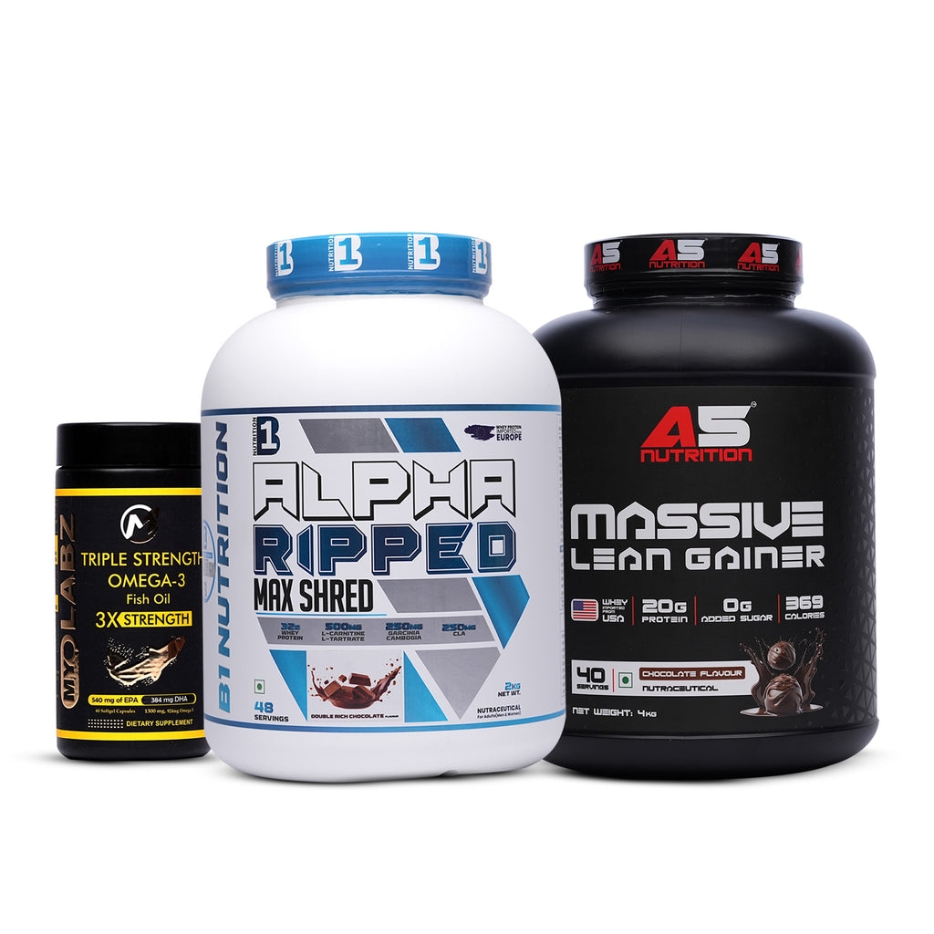 9-PRODUCT B1 Alpha Ripped + Massive Gainer Stack — B1 Alpha Ripped Whey 2 KG × 4 • A5 Massive Lean Gainer 4 KG × 2 • MyoLabz Triple Strength Fish Oil 60 × 3