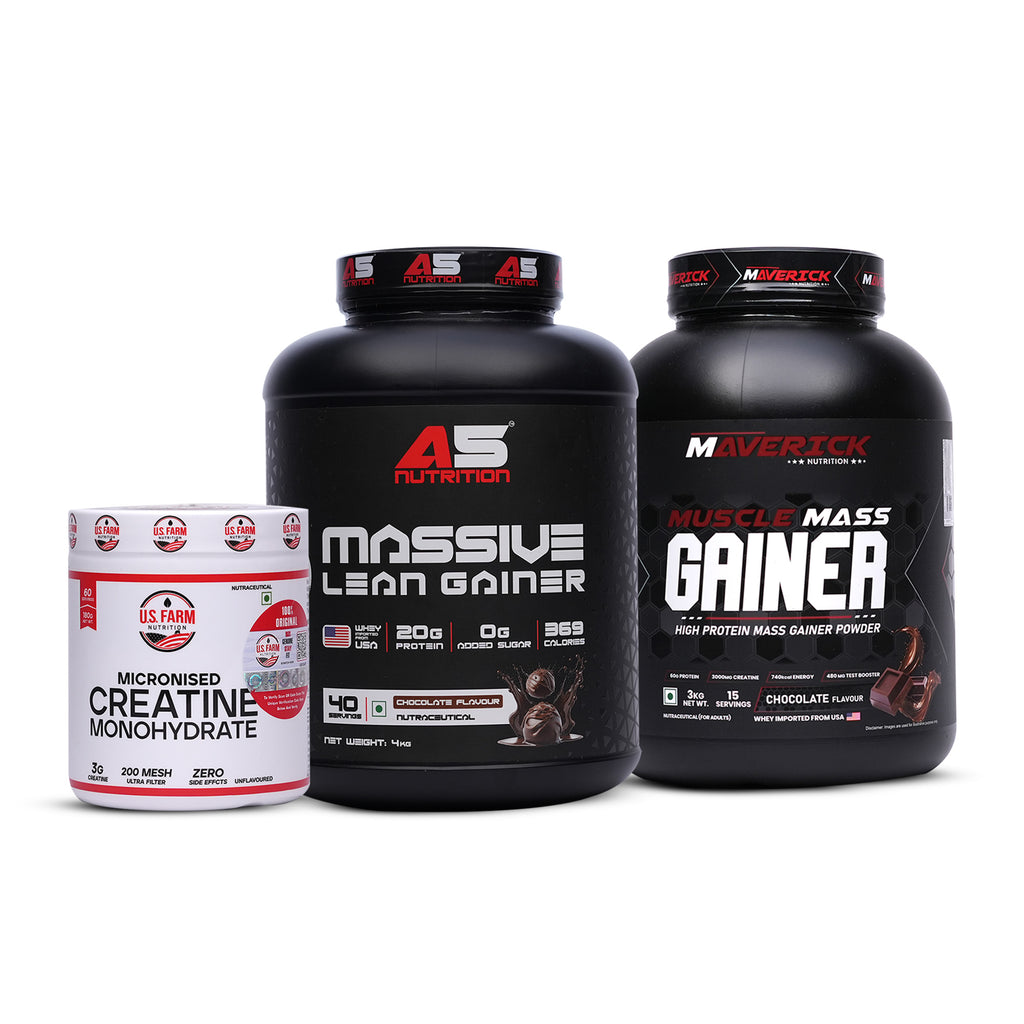 11-PRODUCT Mass Gainer Bulk Clearance — Maverick Muscle Mass Gainer 3 KG × 6 • A5 Massive Lean Gainer 4 KG × 3 • U.S. Farm BCAA + EAA + Glutamine × 2