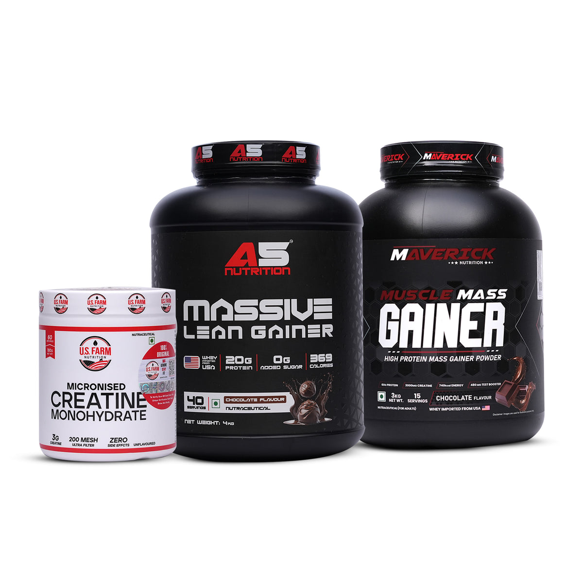 11-PRODUCT Mass Gainer Bulk Clearance — Maverick Muscle Mass Gainer 3 KG × 6 • A5 Massive Lean Gainer 4 KG × 3 • U.S. Farm BCAA + EAA + Glutamine × 2