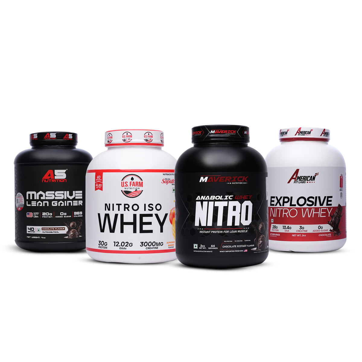 8-PRODUCT Big Tub Protein Clearance — American Fit Labs Explosive Nitro Whey 2 KG × 3 • U.S. Farm Nitro Iso Whey 4 LBS × 2 • Maverick Anabolic Whey Nitro 2 KG × 1 • A5 Massive Lean Gainer 4 KG × 2