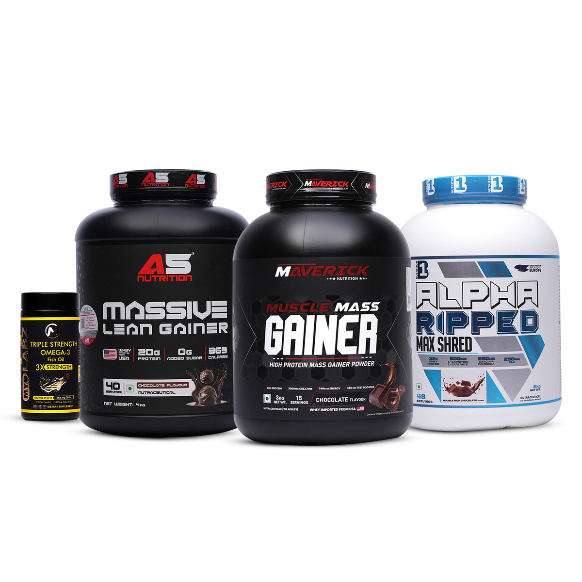 14-PRODUCT Massive Stock-Up Deal — A5 Massive Lean Gainer 4 KG × 6 • B1 Alpha Ripped Whey 2 KG × 2 • Maverick Muscle Mass Gainer 3 KG × 2 • MyoLabz Triple Strength Fish Oil 60 × 4