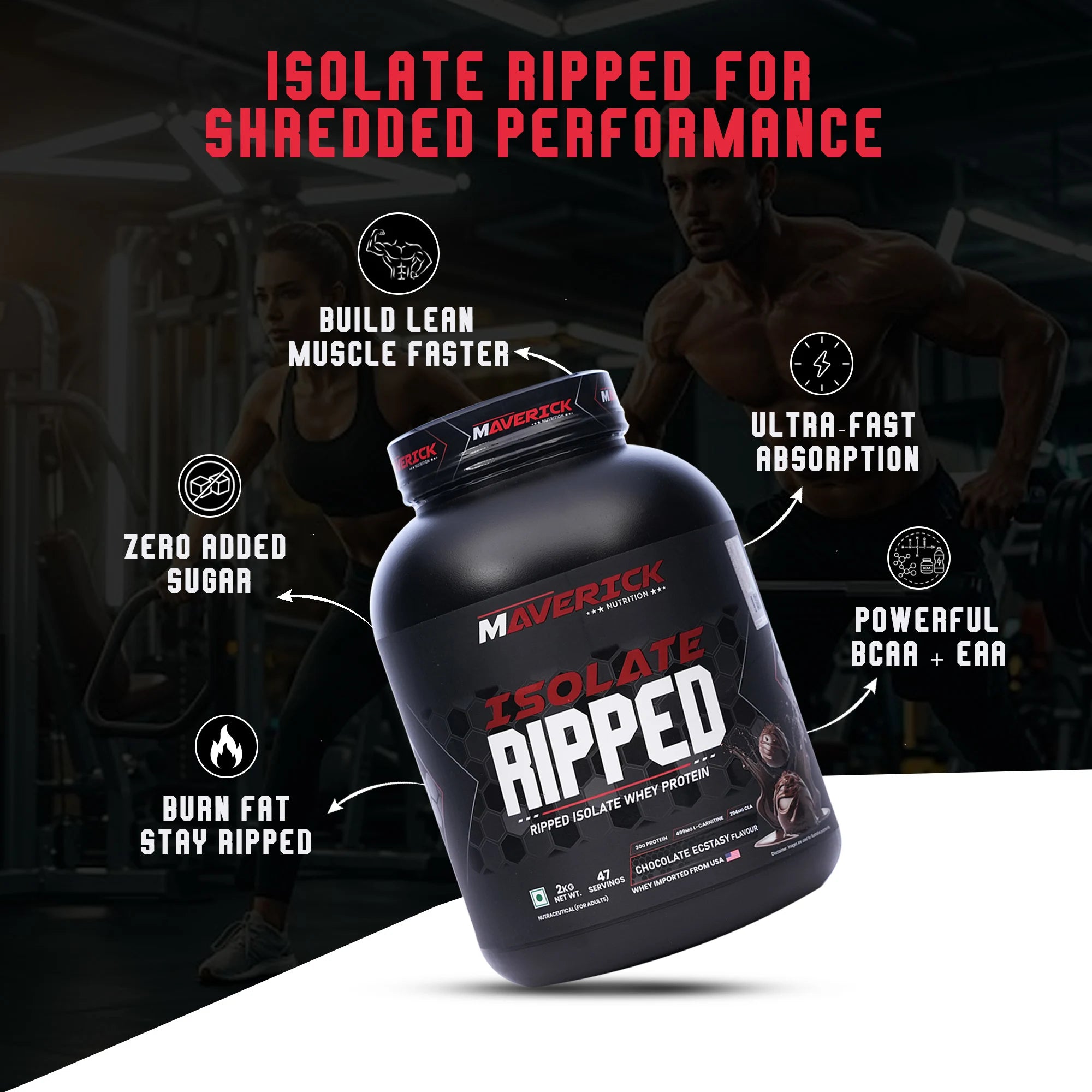 Maverick Nutrition Isolate Ripped Whey Protein 2kg (Chocolate Ecstasy) | 30g Protein | 47 Servings