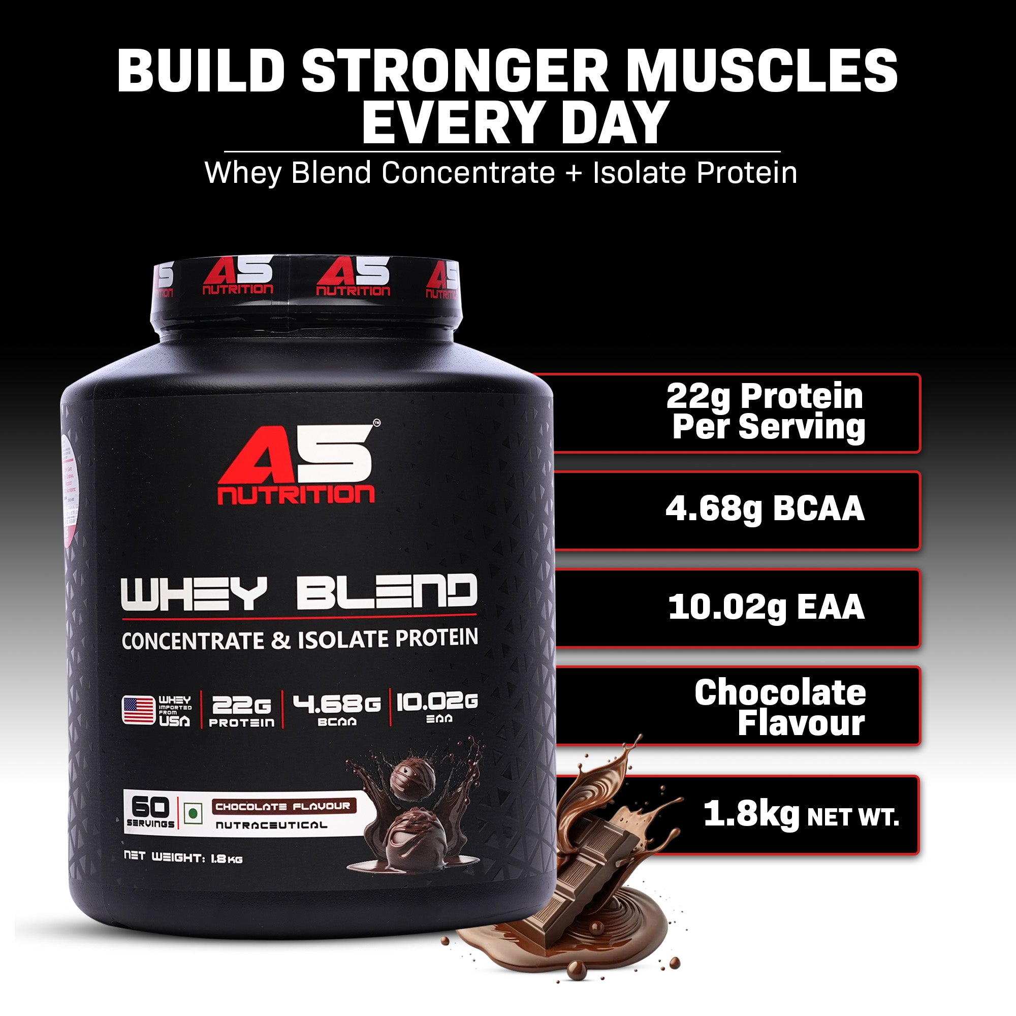 A5 Nutrition Whey Blend Protein (1.8 kg, 60 Servings) | Chocolate Flavour | Whey Concentrate & Isolate