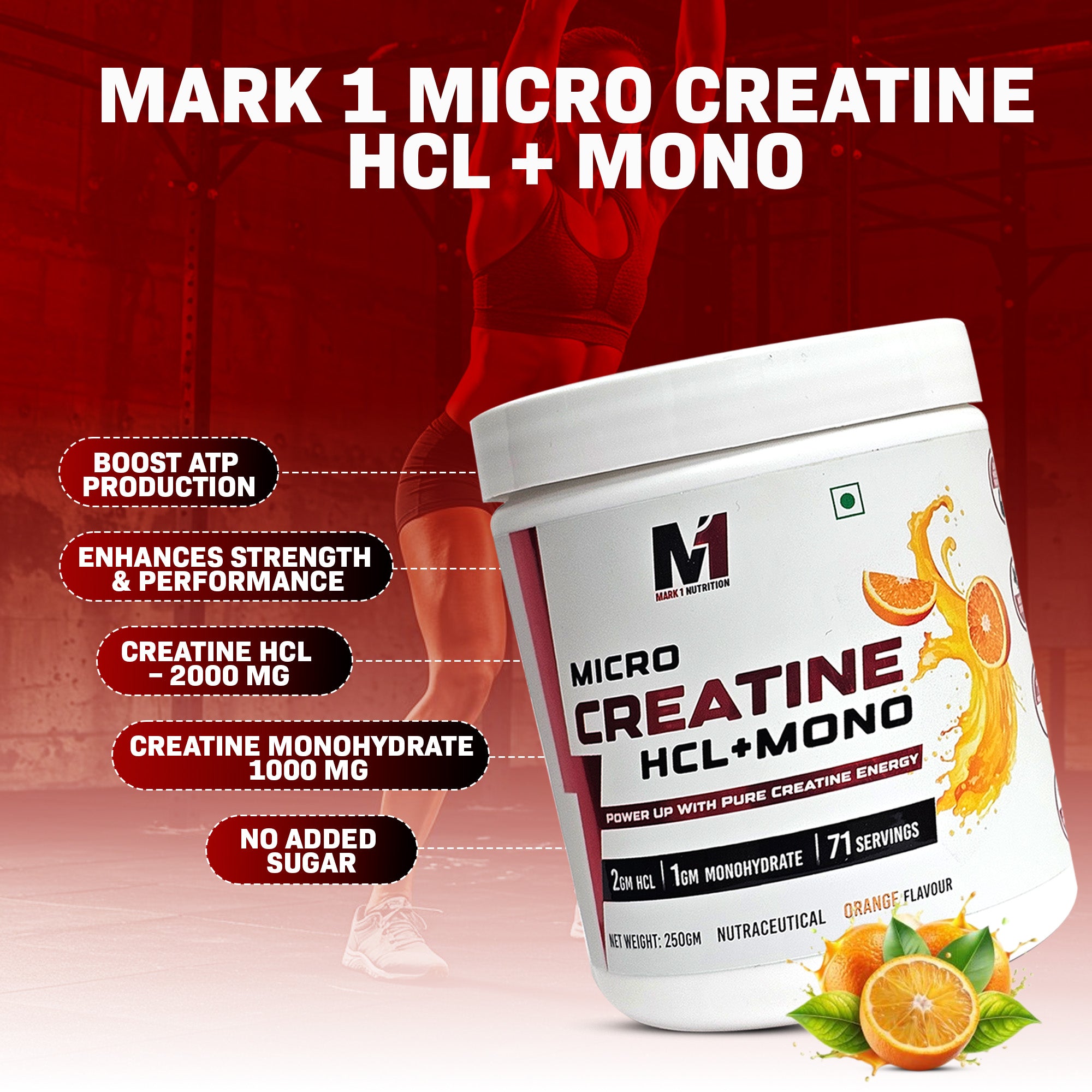 Mark1 Nutrition Micro Creatine HCL + Mono 250g Orange Flavour