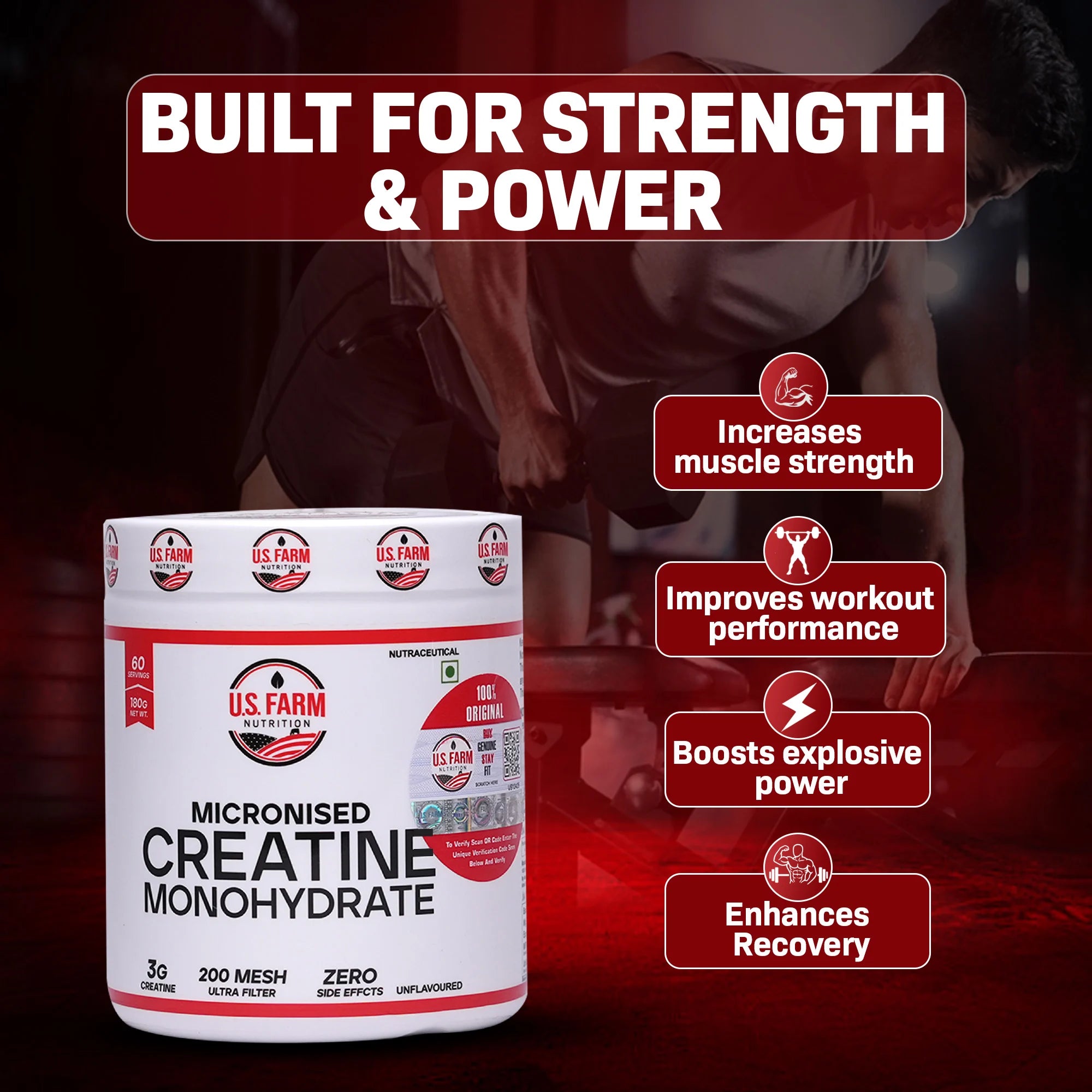 U.S. Farm Micronised Creatine Monohydrate (60 Servings, 180g) | Unflavoured