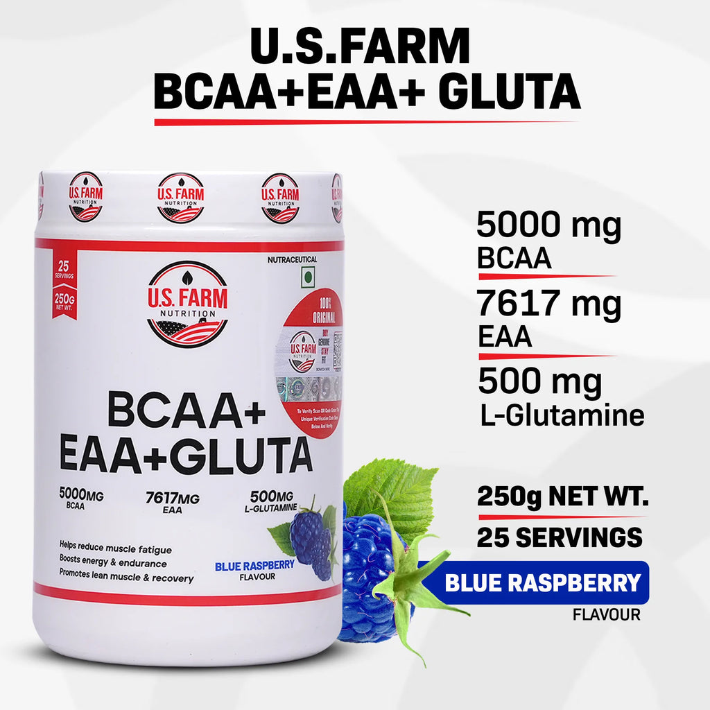U.S Farm BCAA + EAA + Gluta (25 Servings, 250g) | Blue Raspberry,Watermelon